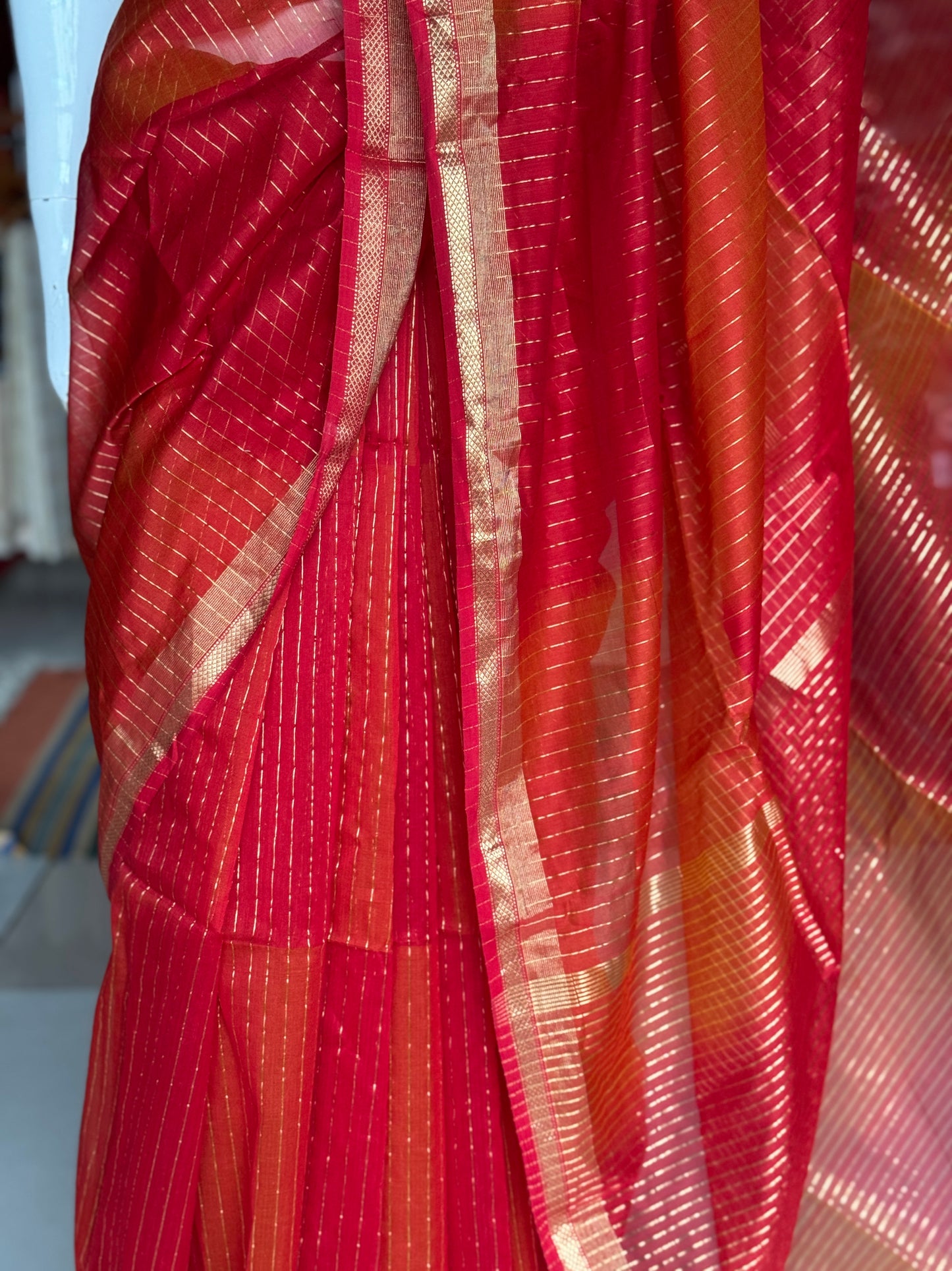 Red n orange all over stripes silk cotton Maheshwari handloom saree