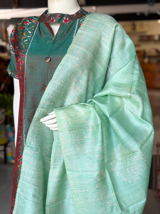 Pastel green - hand block printed tussar silk dupatta