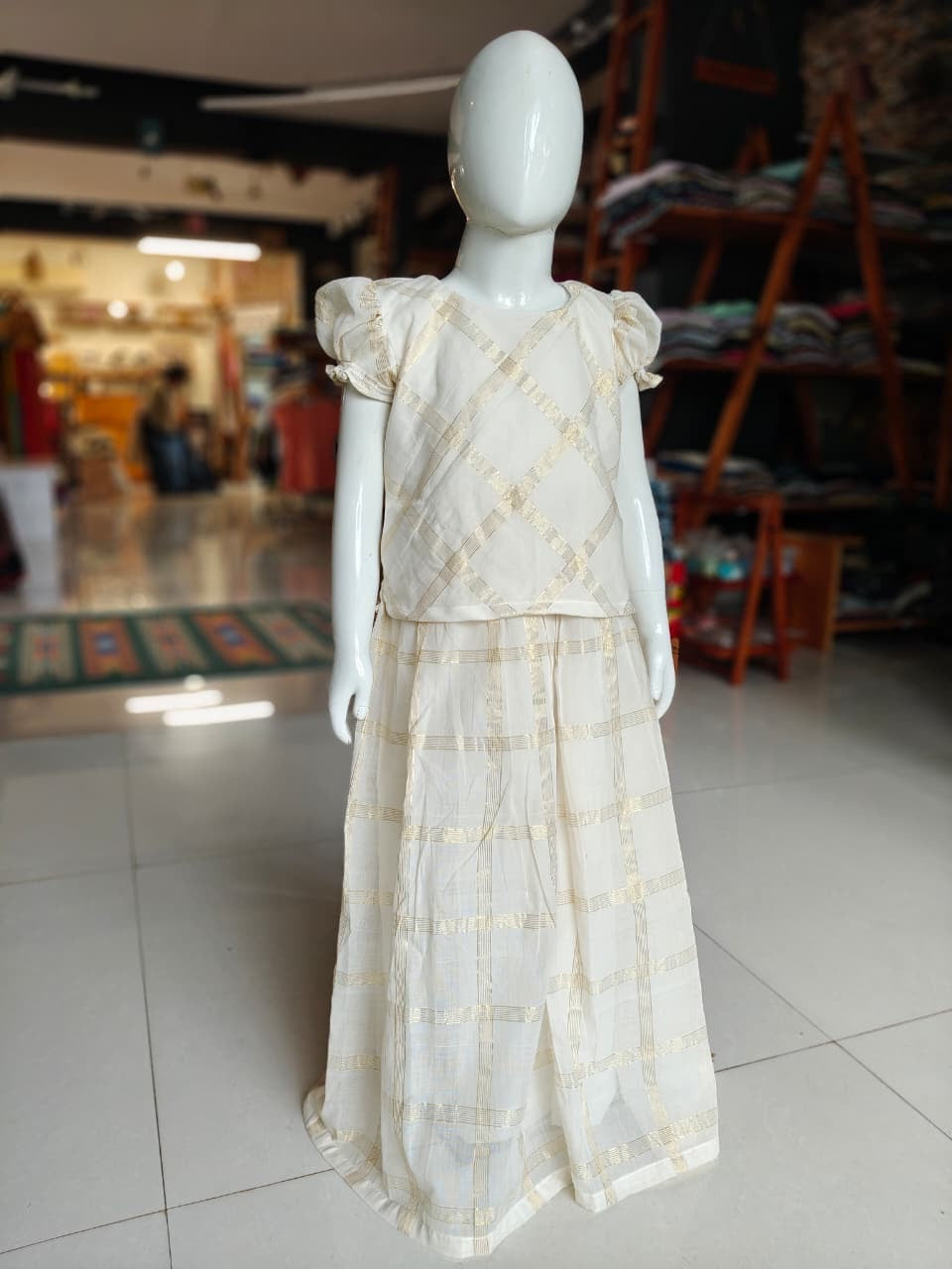 Off white Venkatagiri handwoven lehenga skirt and top - with Zari squares all over - coord set