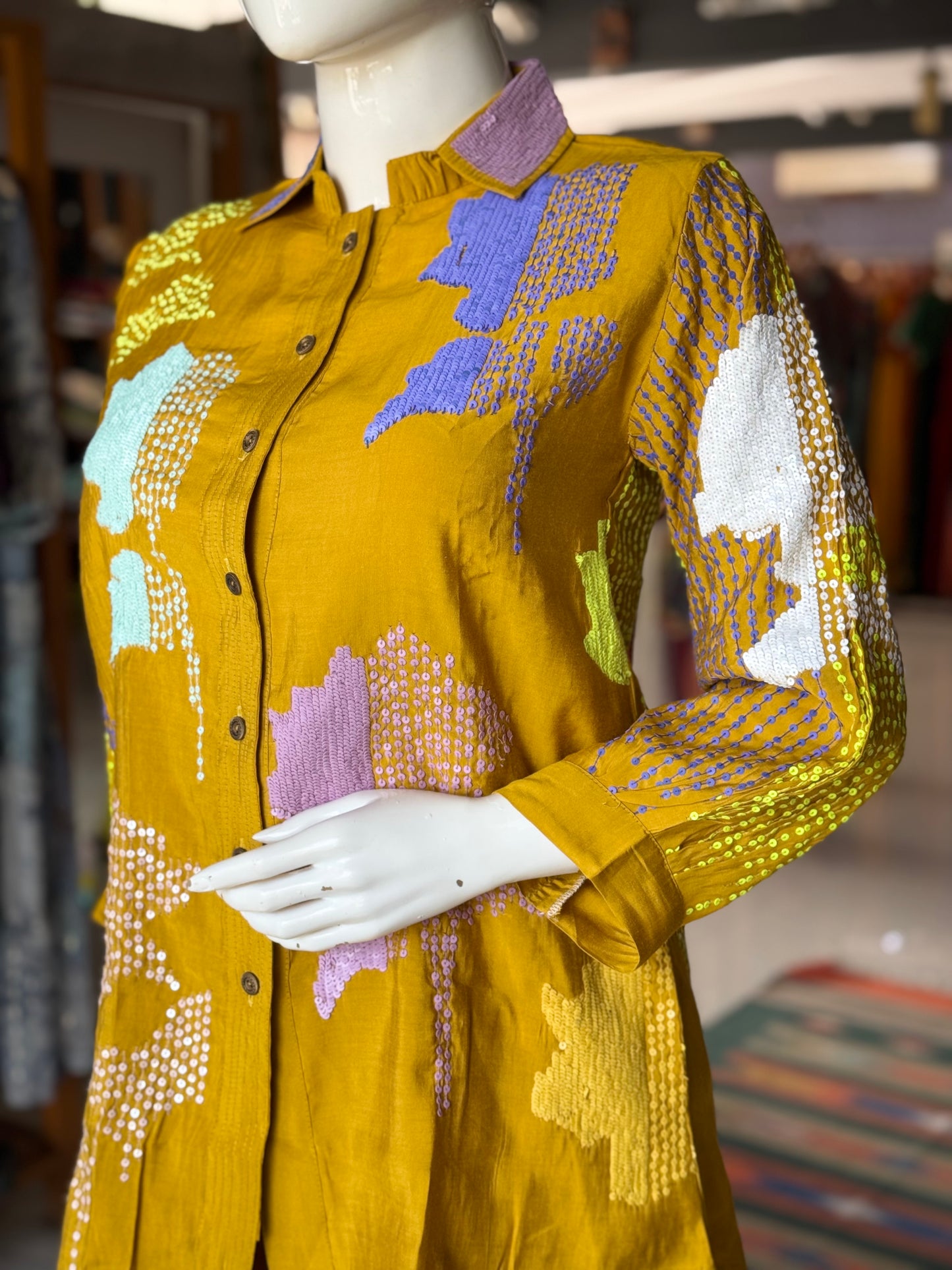 Yellow silk cotton embroidered collared top and pants party wear coord set