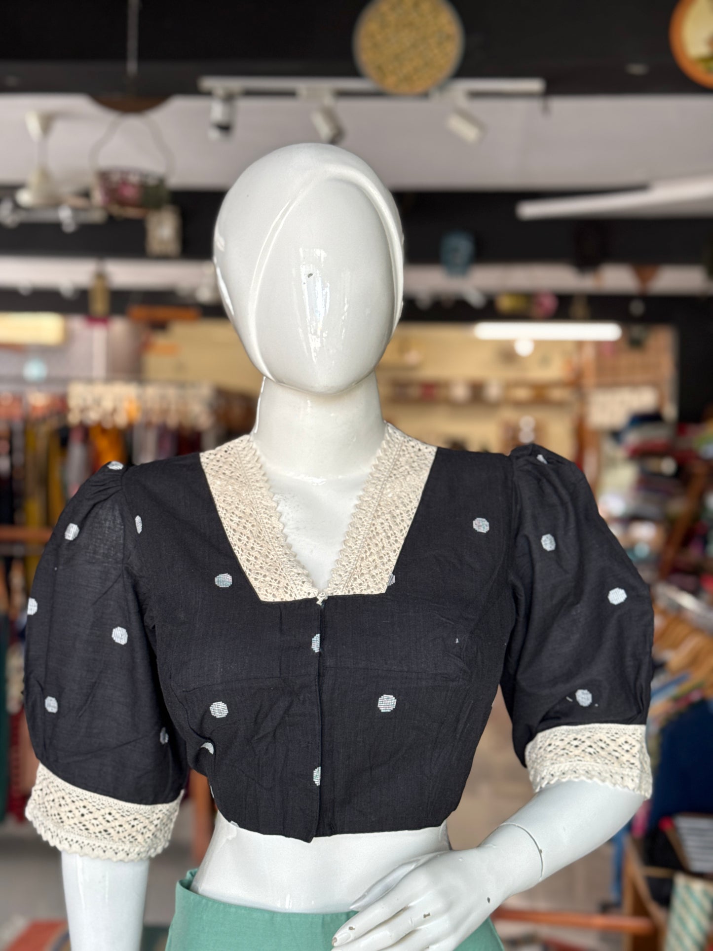 Puff sleeves cotton blouse with lace trims - color options available