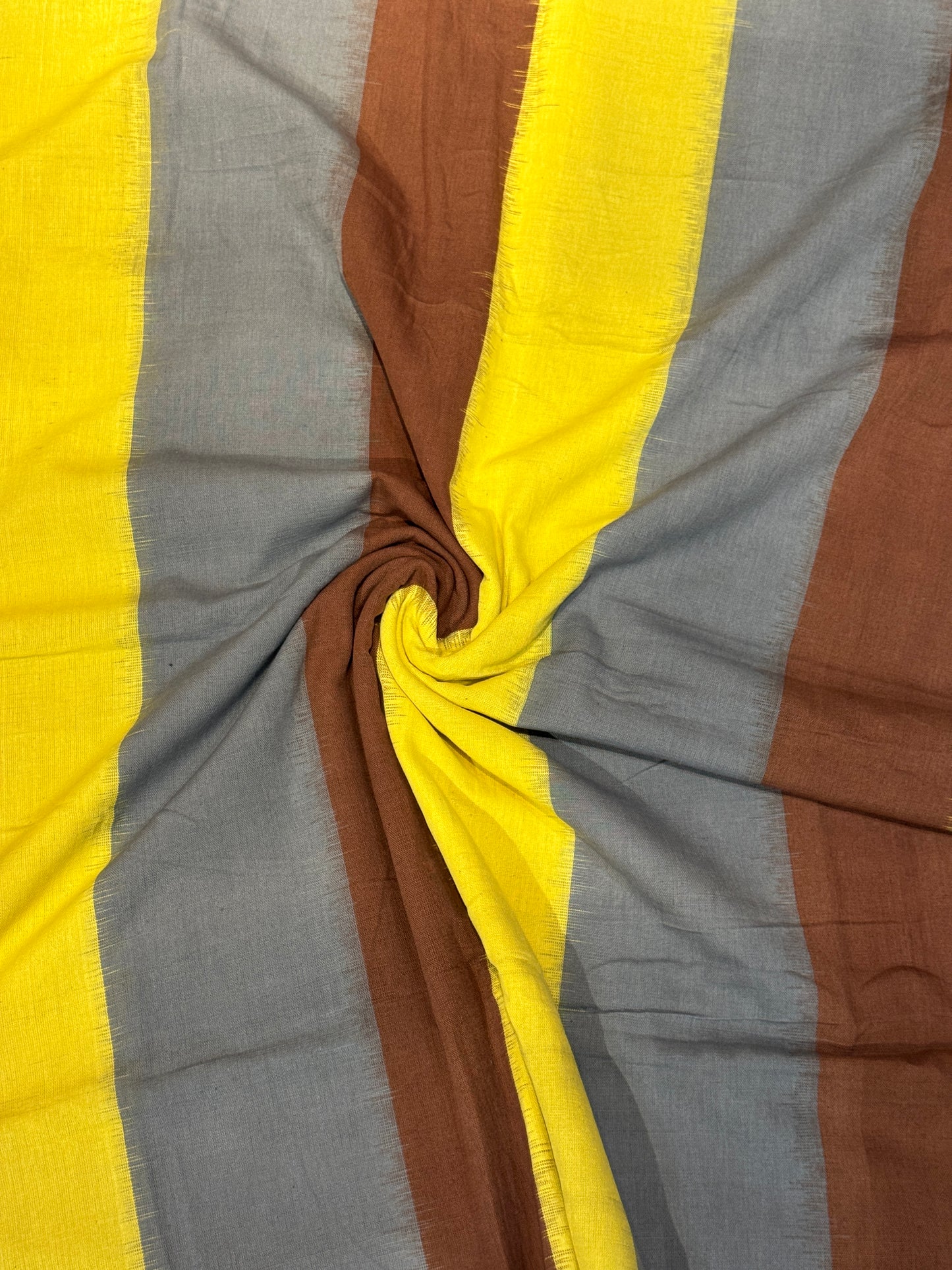 Yellow, brown and grey stripes cotton handloom ikat fabric