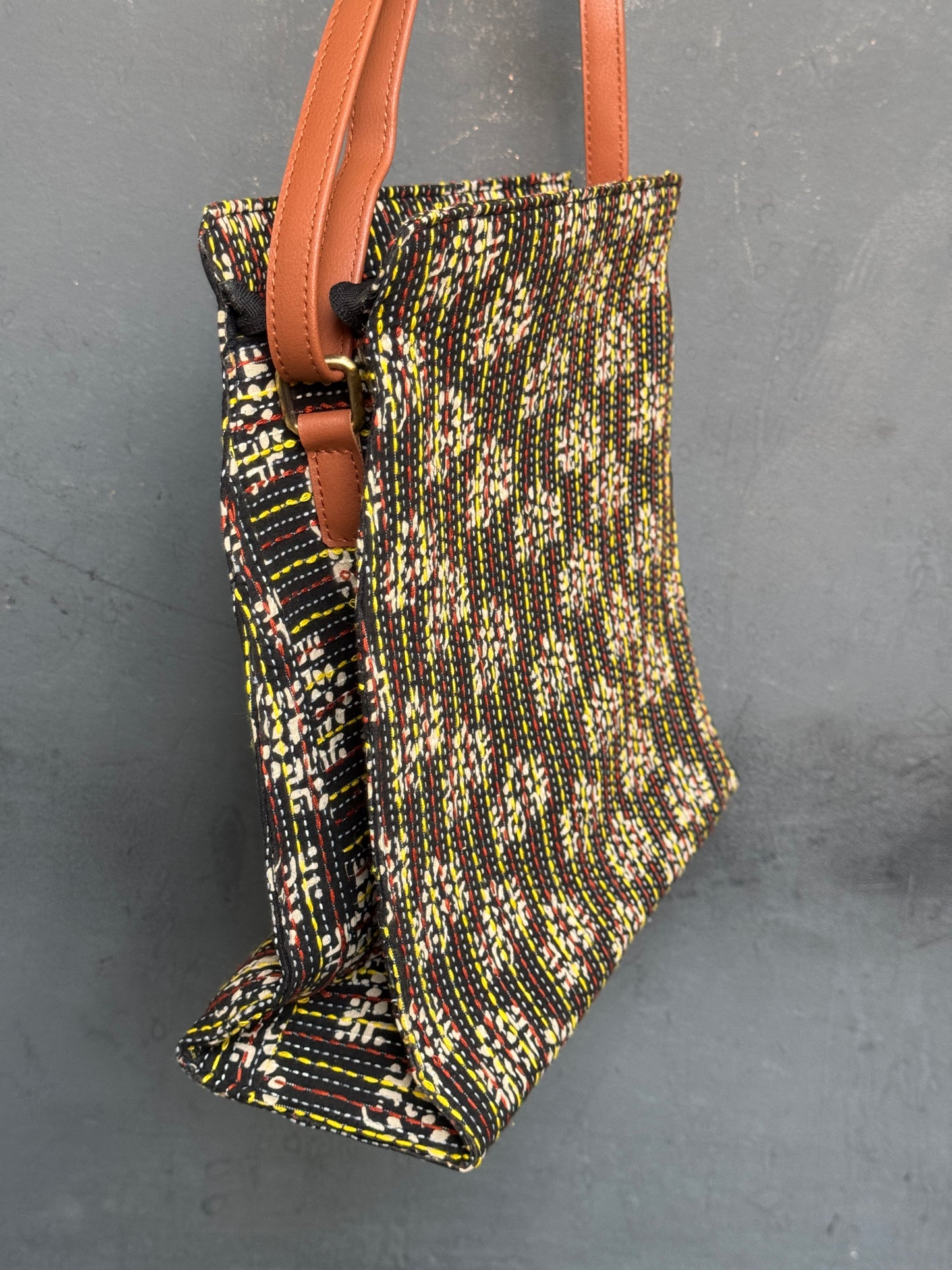 Kantha hand embroidered printed fabric sling bag with adjustable straps