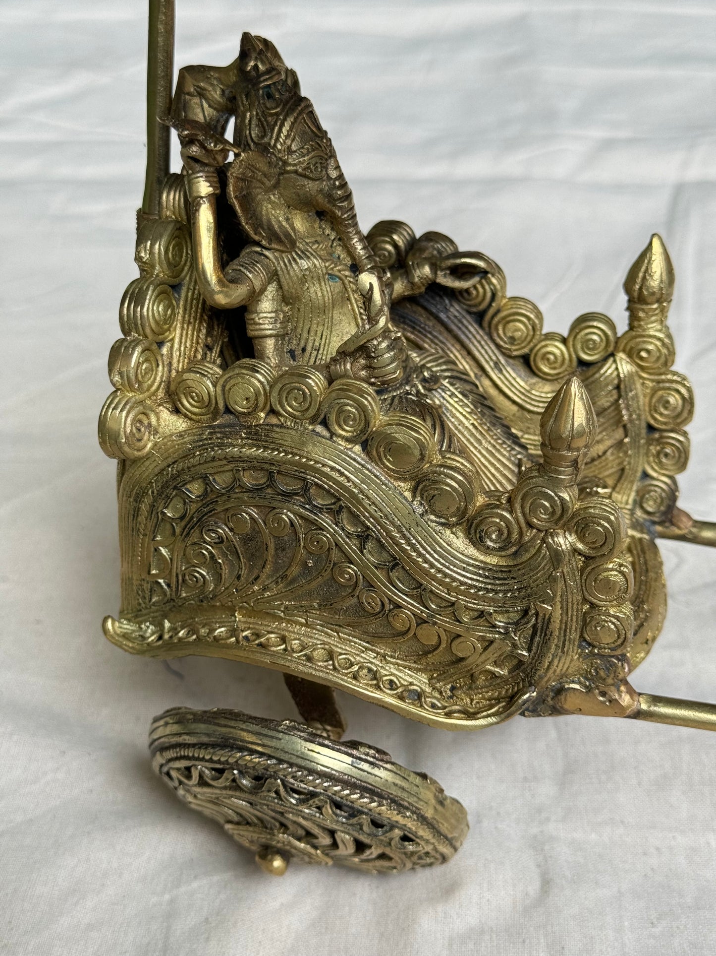 Ganesha on a rath/ chariot pulled by mooshika - brass dokra hand crafted decor