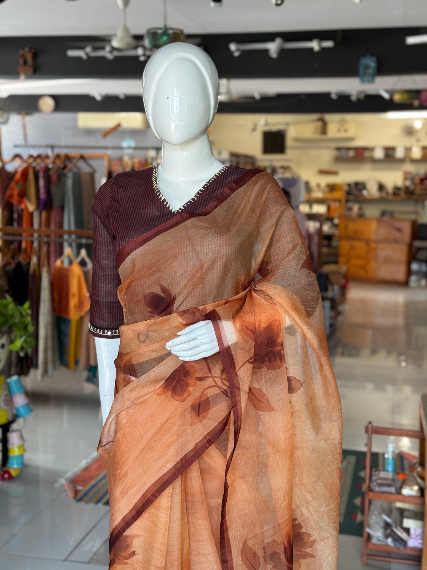 Peach brown hand painted organza saree