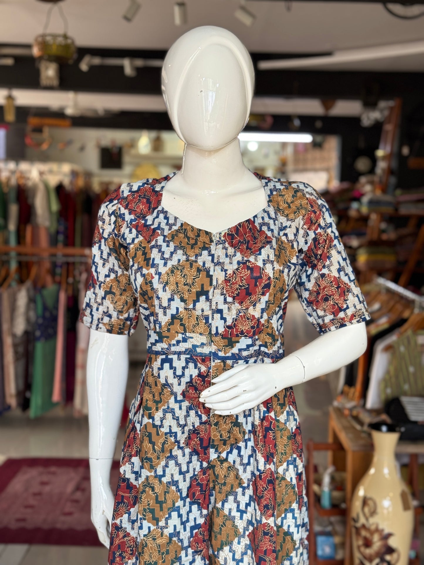 Indigo, maroon, brown and gold hand block printed cotton jumpsuit