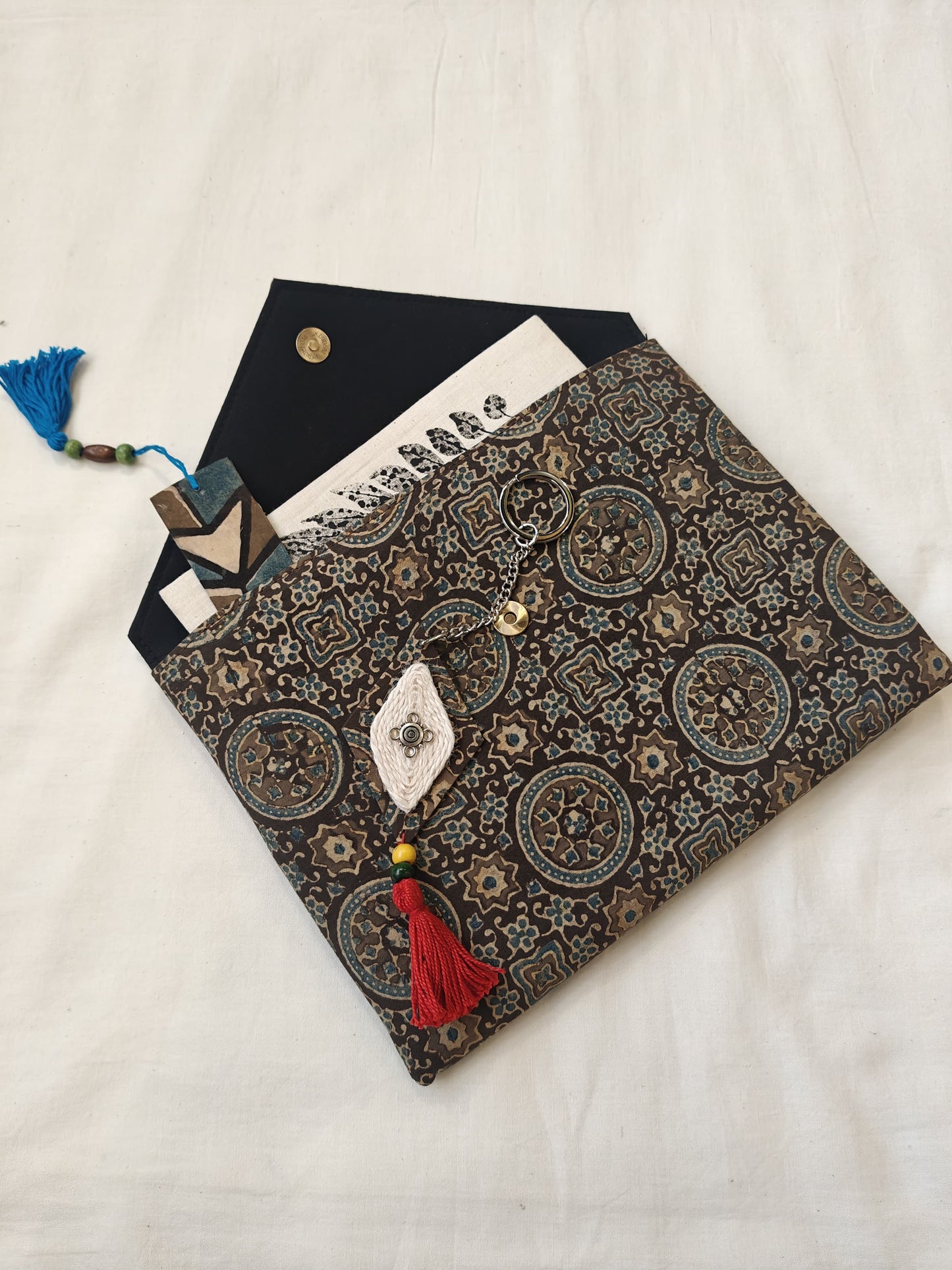 Handmade paper notebook with eco leaf printed fabric cover, hand crafted bookmark, key ring / charm and a container pouch set