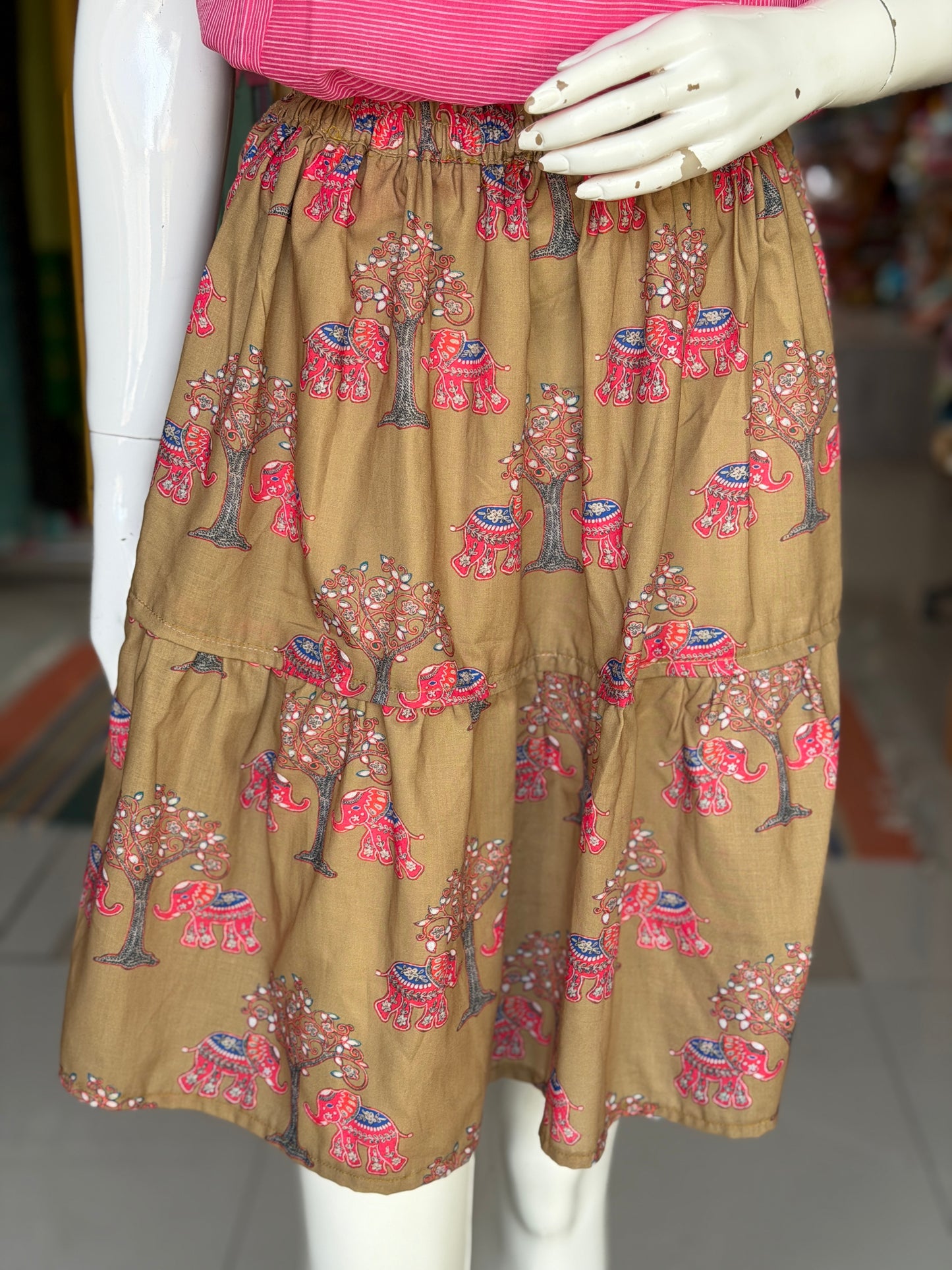 Knee length elephants and tree digital print Olive green skirt