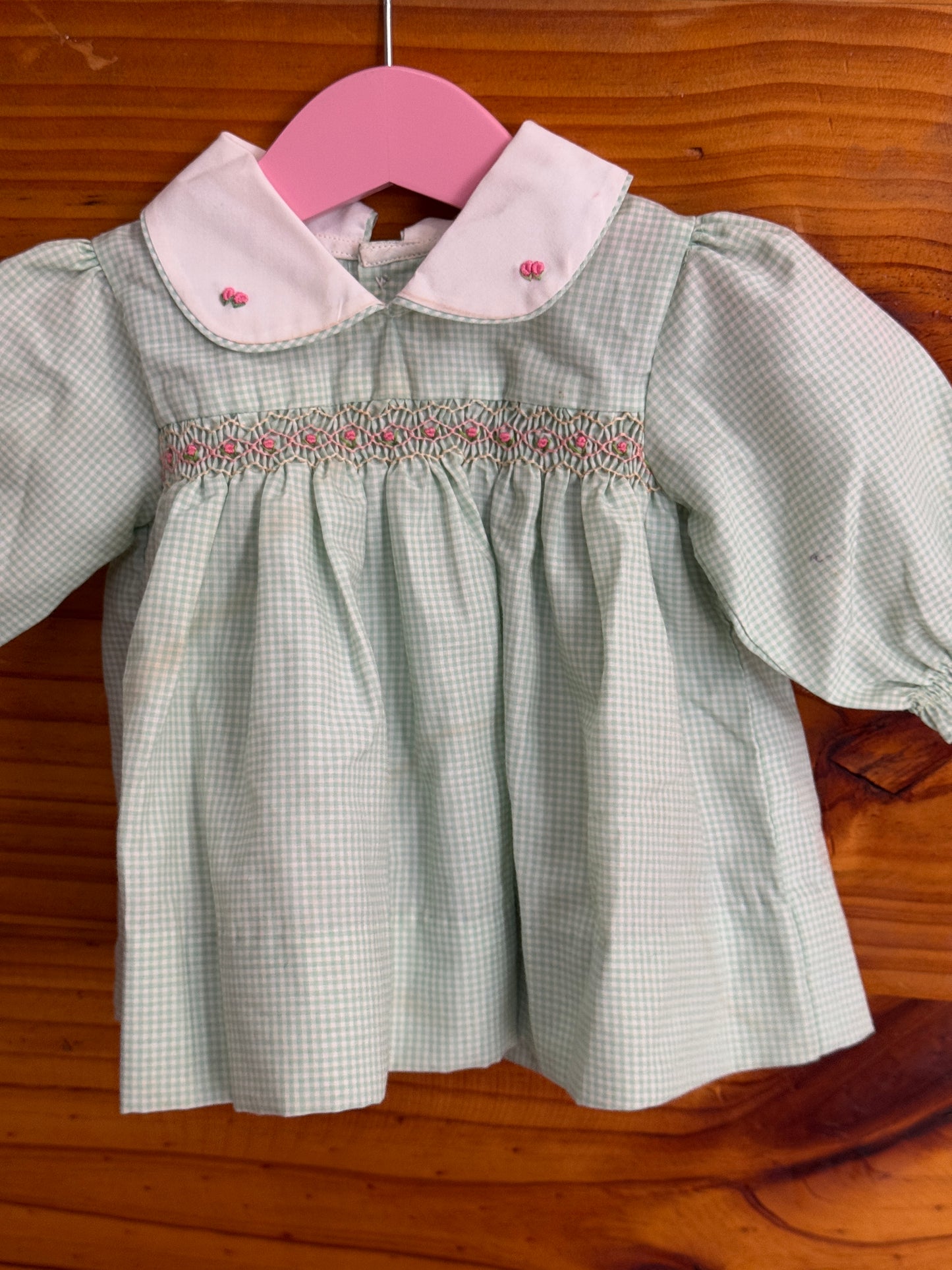 Green checks Peter Pan collared, smocking cotton baby frock with cute embroidery