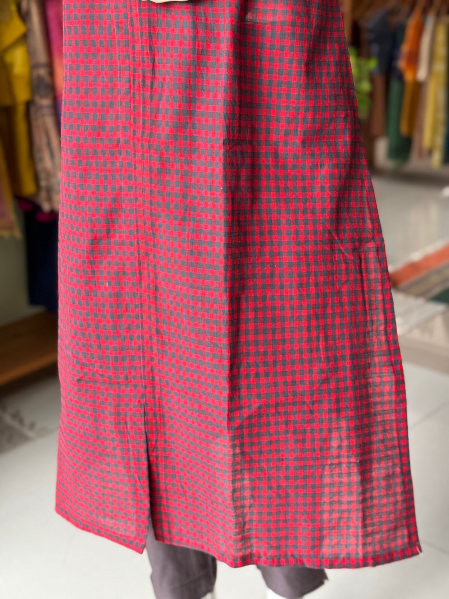 Red and blue checks cotton handloom kurti