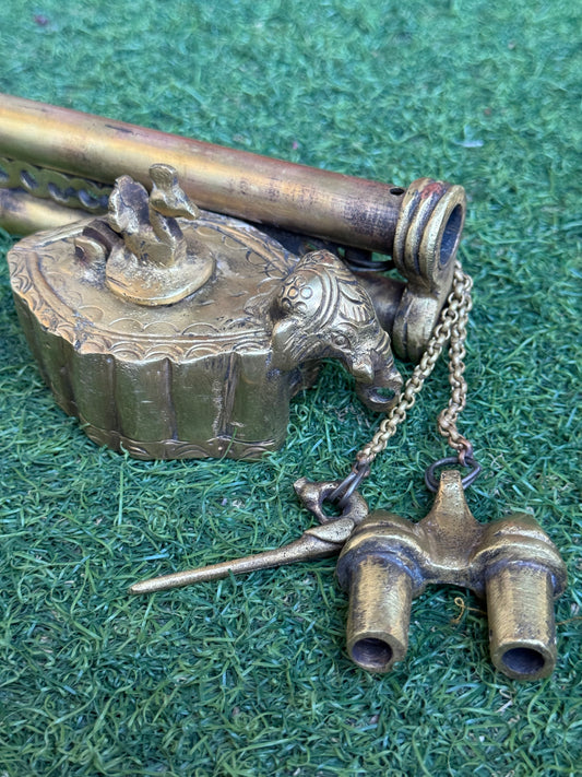 Ink pot vintage brass handcrafted piece with double pen holder with lock, ink pot decorated with elephant, peacock motifs