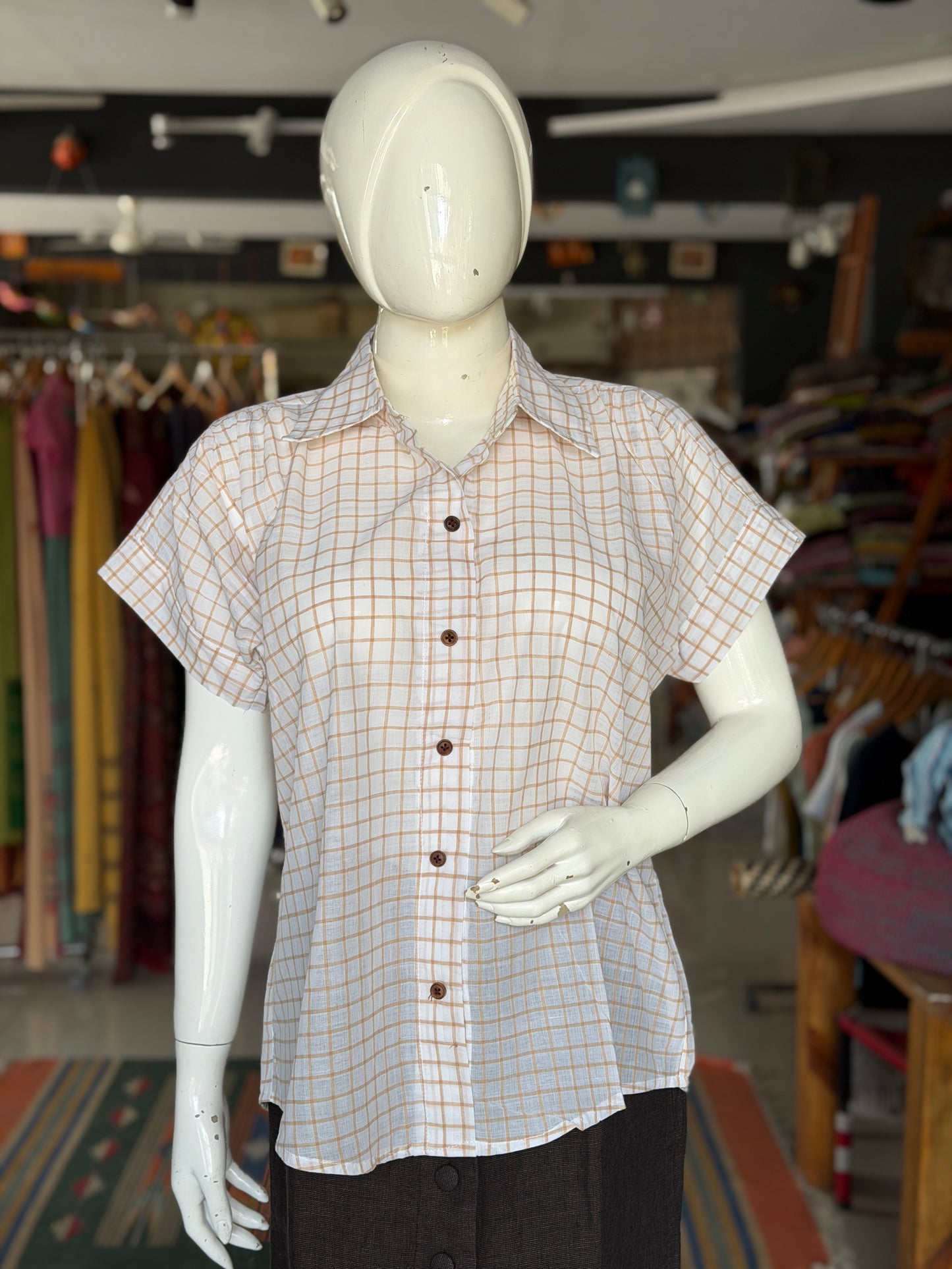 White and brown checkered handloom cotton free size pleated shirt style top with natural wooden buttons