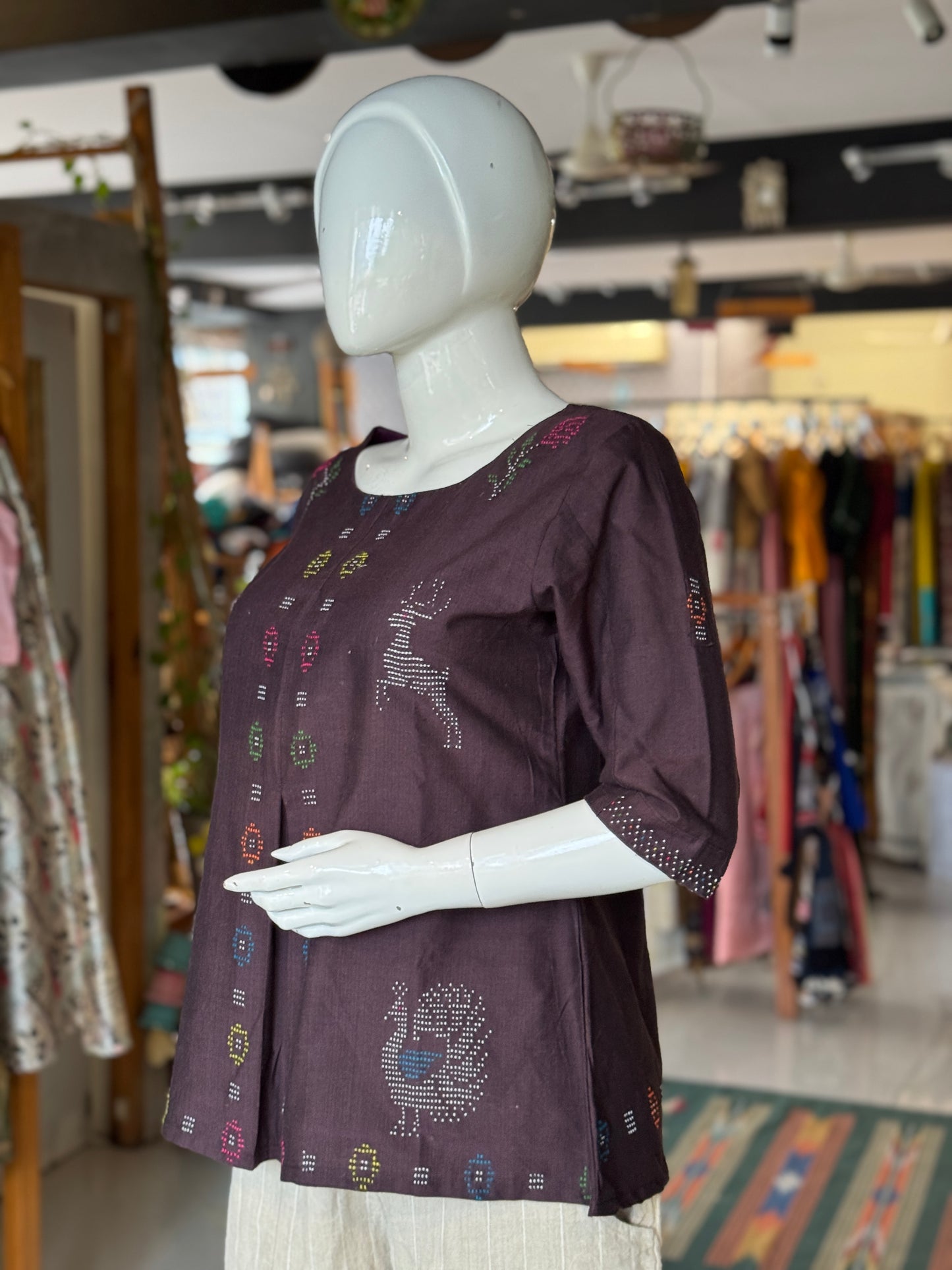 Tangaliya handloom brown cotton top with rose n deer motifs