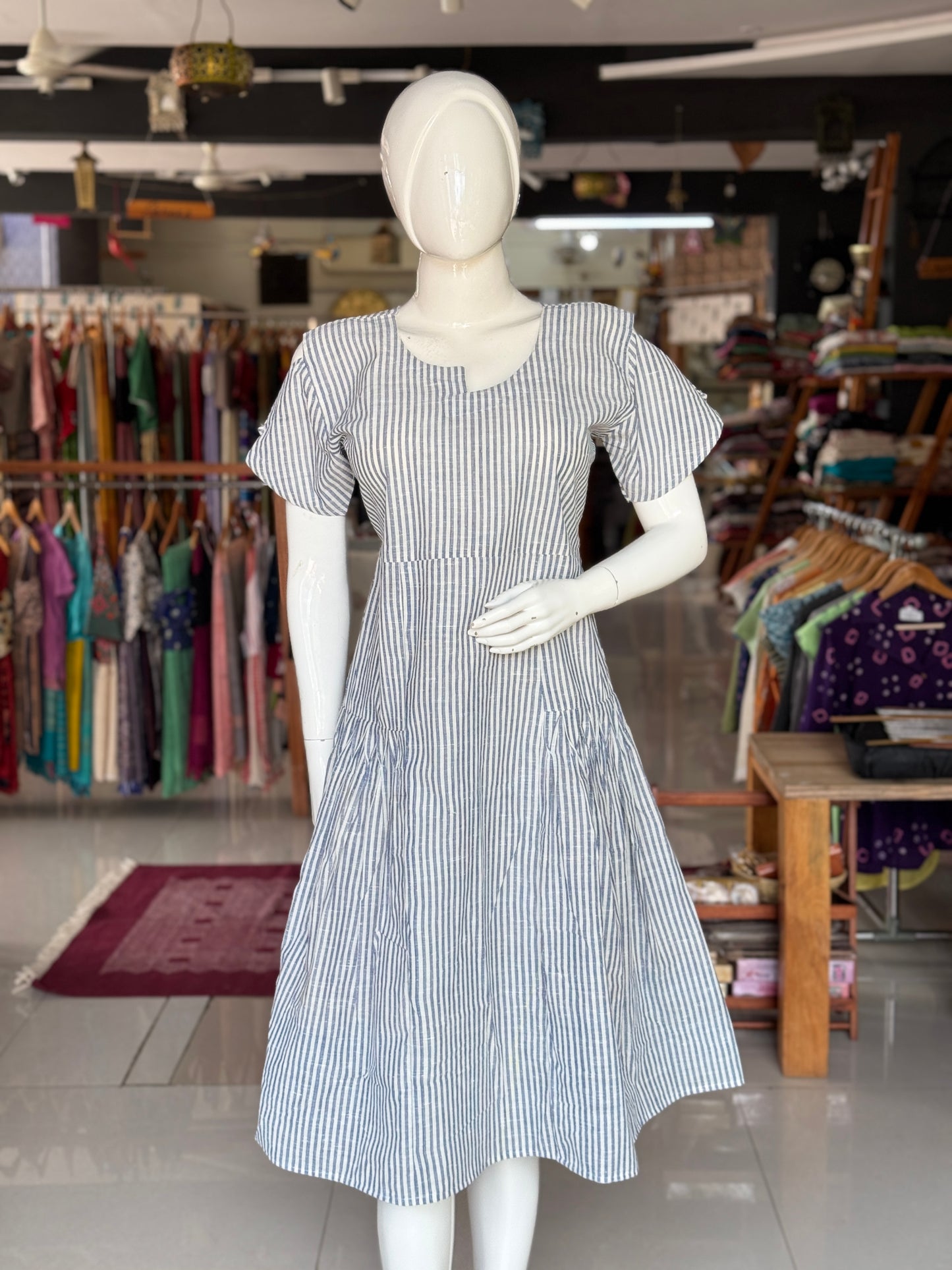 Grey and white stripes handwoven, cotton dress with cinched pleats and asymmetric neckline