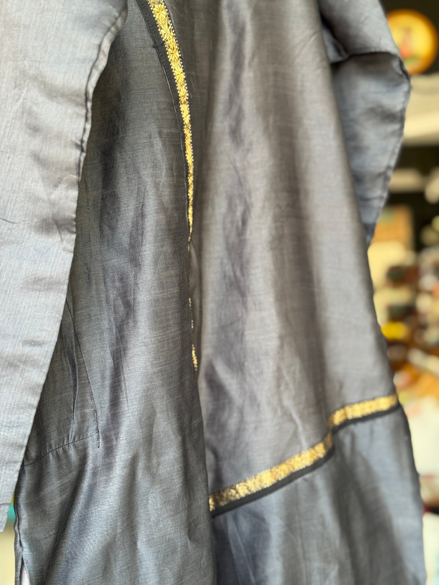 Grey Maheshwari silk cotton handwoven full sleeves kurta for boys with asymmetric border detailing