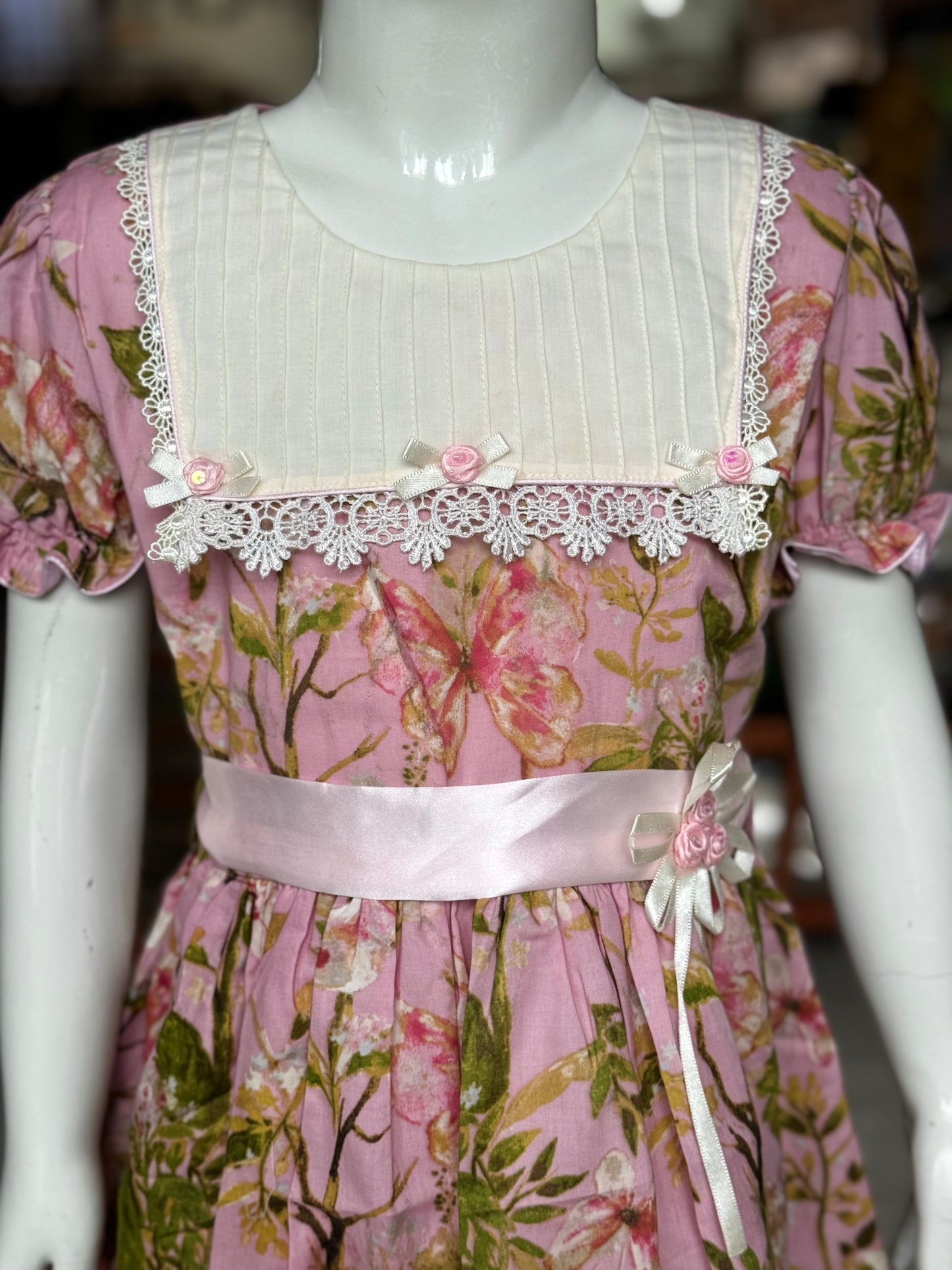 Pink floral cotton embroidered frock with puff sleeves