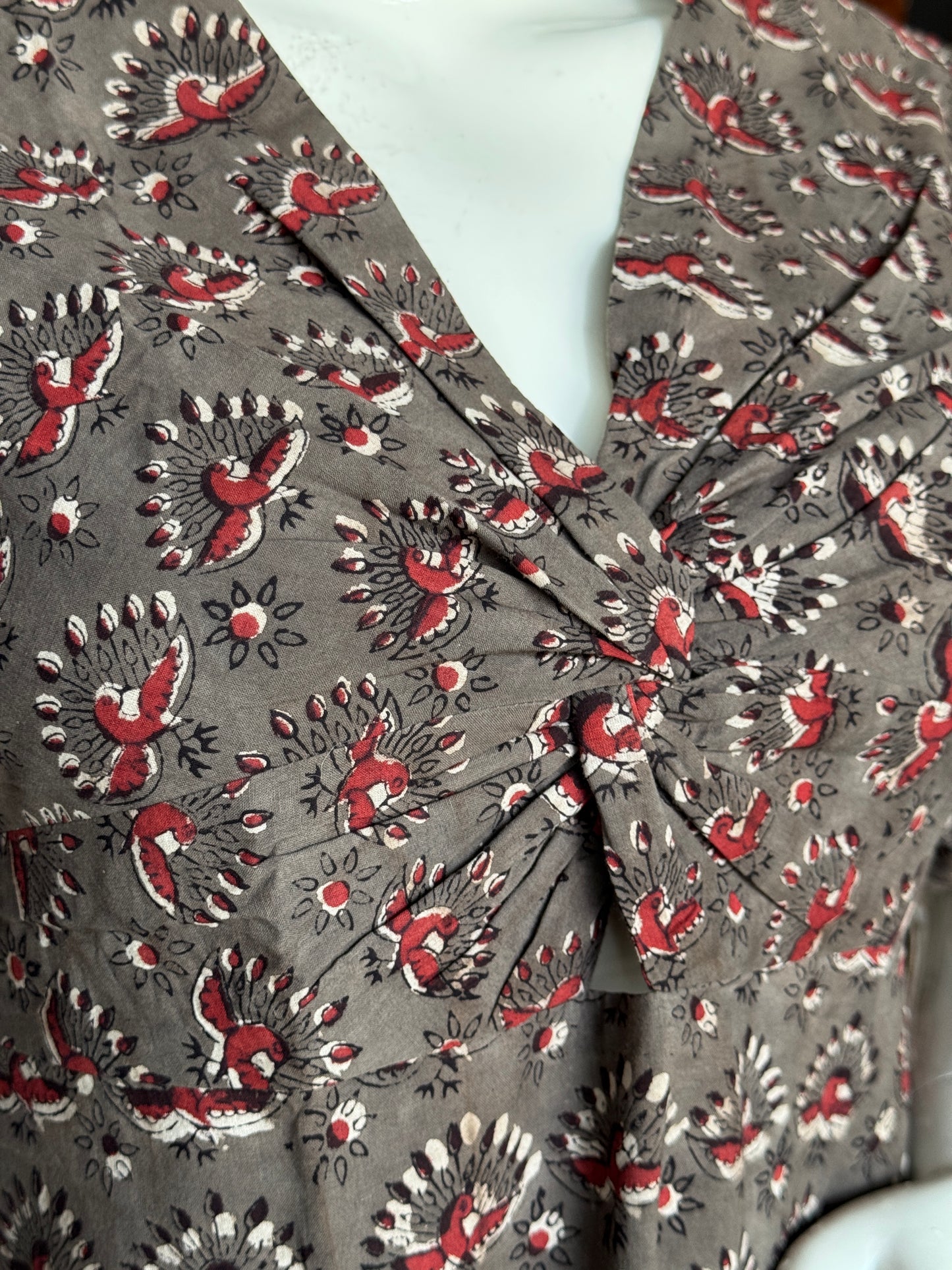 Grey peacock hand block printed twisted front cotton dress
