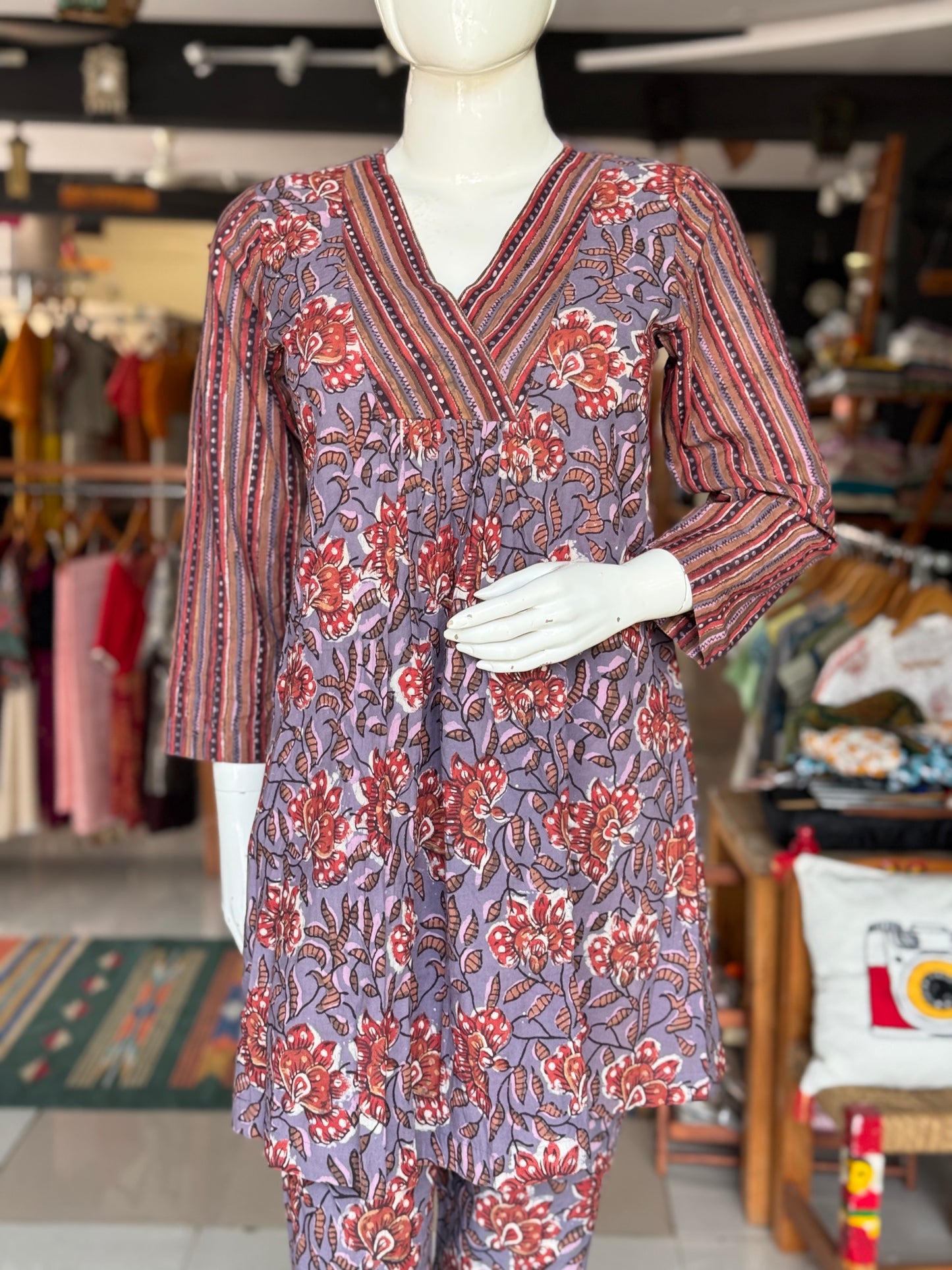 Purple stripes and flowers hand block printed short kurti with straight pants set