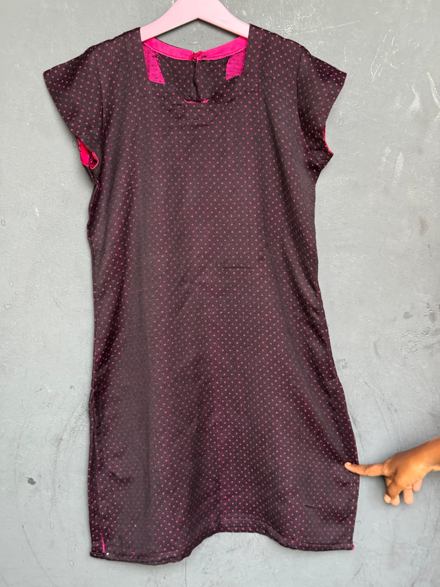Black handloom mashru straight cut kurti for girls with pink dots