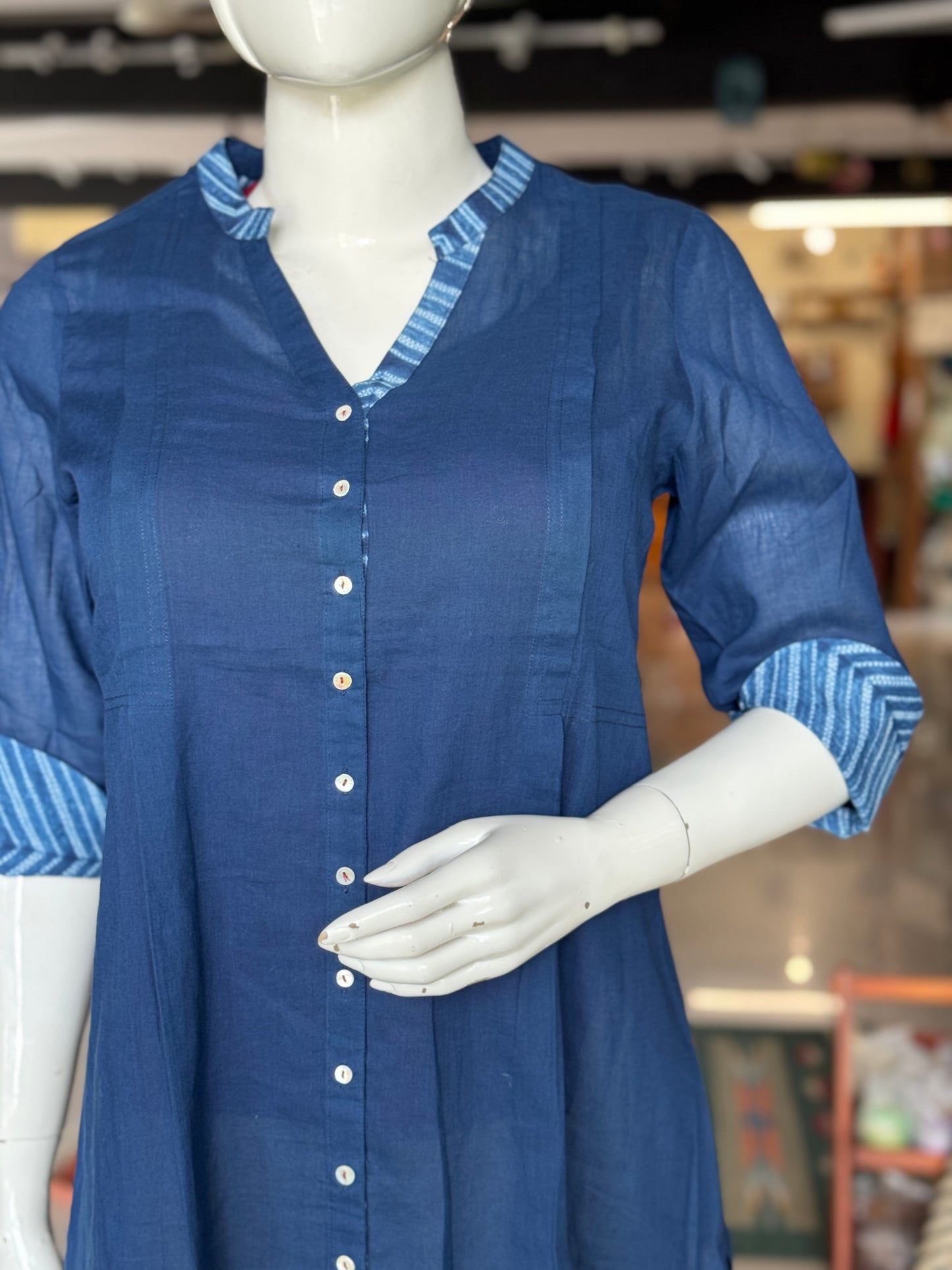 Indigo blue needle Shibori tie n dye cotton Shibori short kurti with foldable cuff