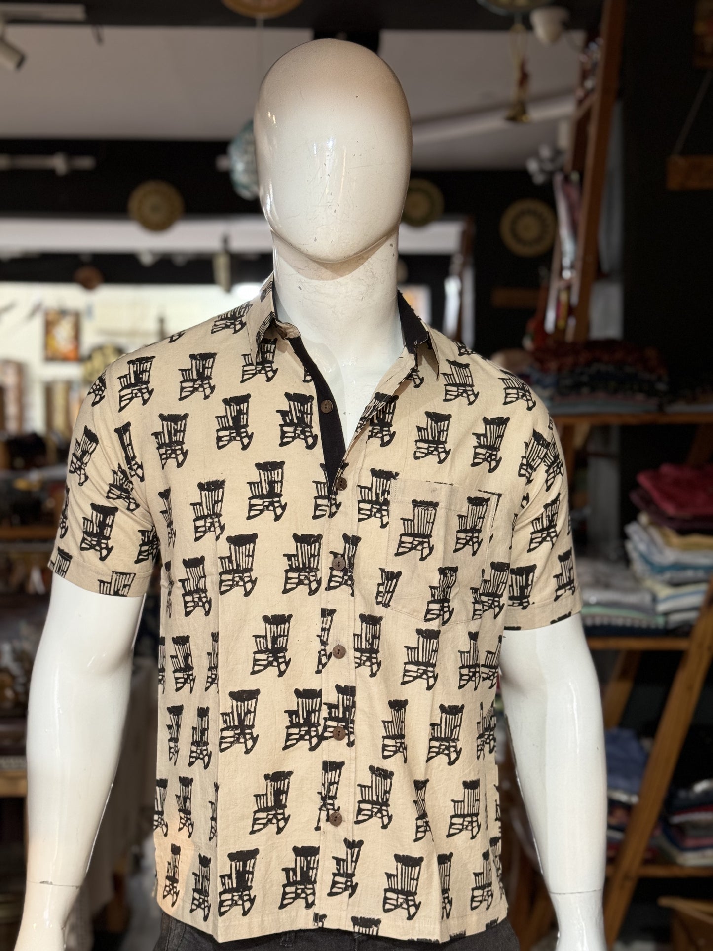 Beige easy chair print half sleeves mens natural dye, hand block printed cotton shirt