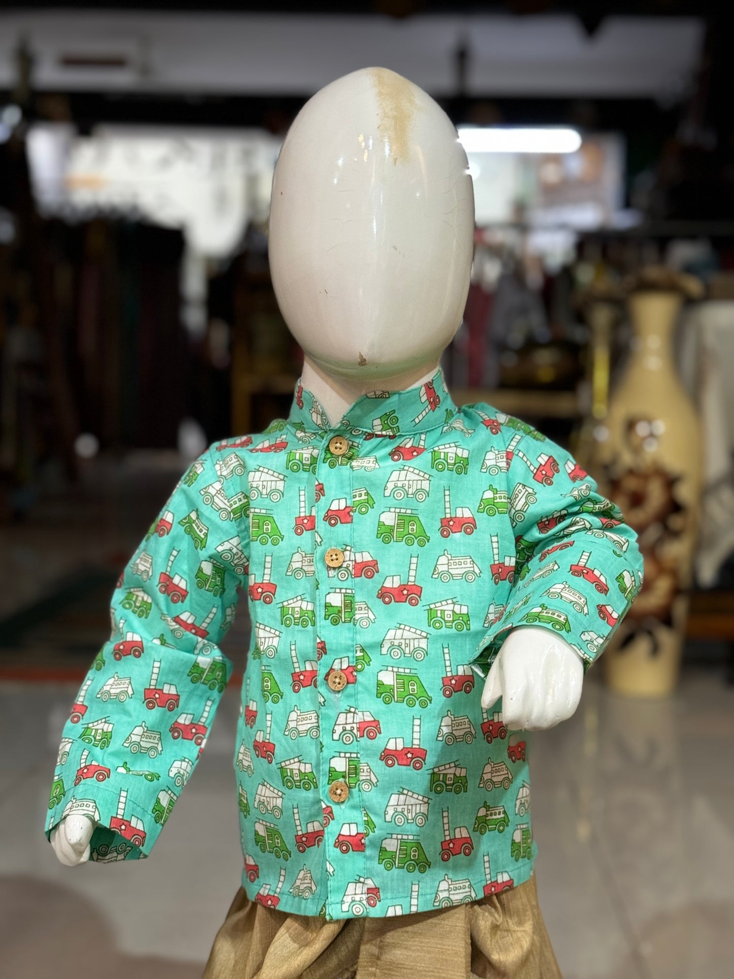 Transport vehicles print cotton full sleeves kurta with asymmetric placket kurta for boys