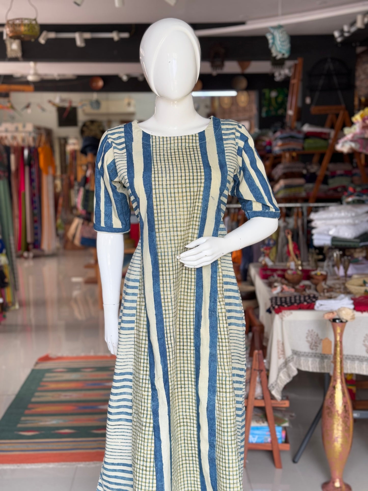 Blue green stripes and checks hand block printed designer cotton dress with boat neck