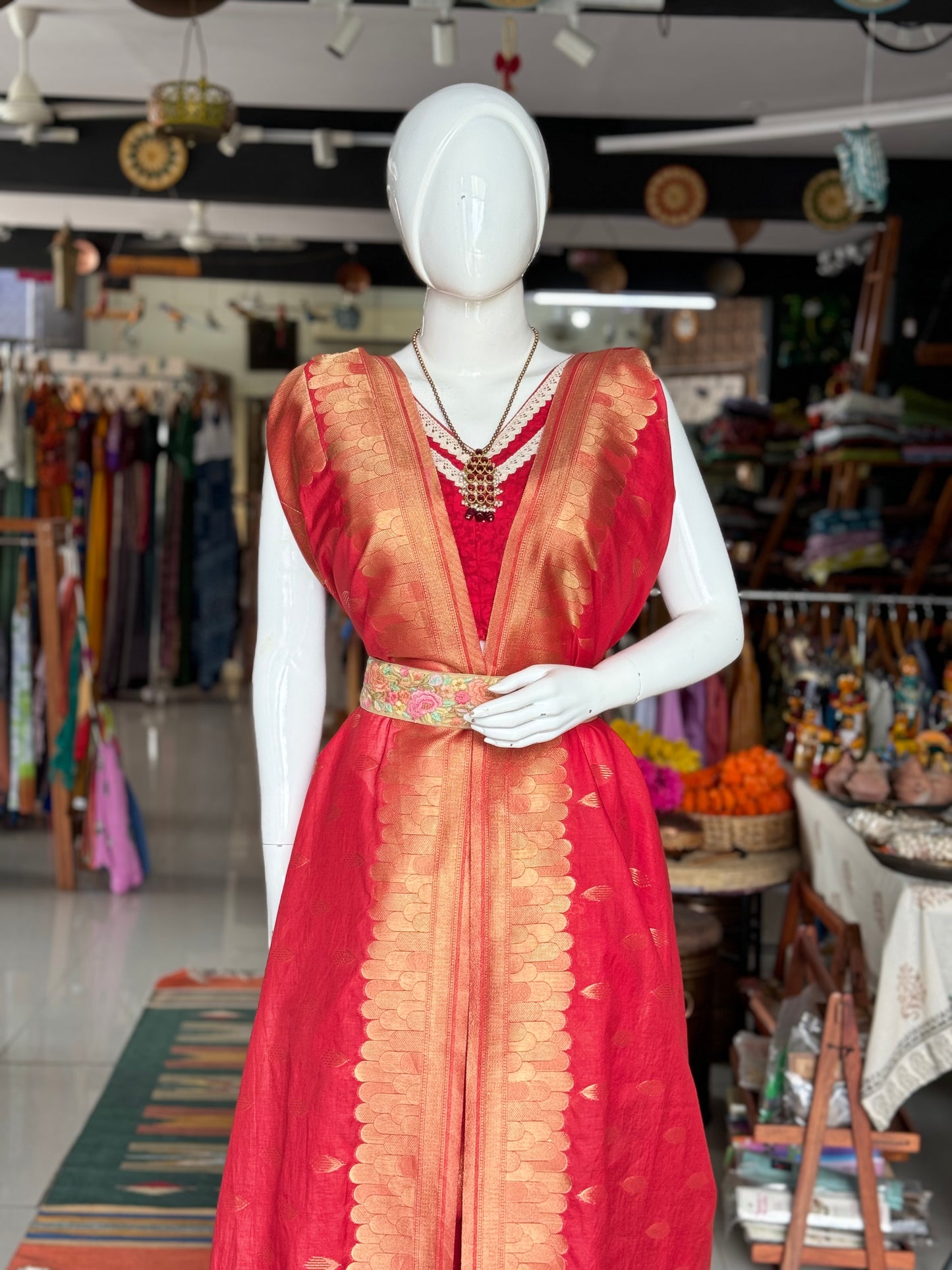 Colorful pastel tone embroidered belt on beige fabric base