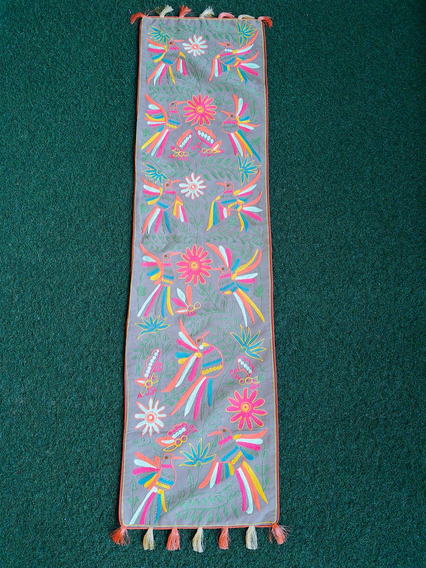 Aari embroidered grey table runner with colorful birds