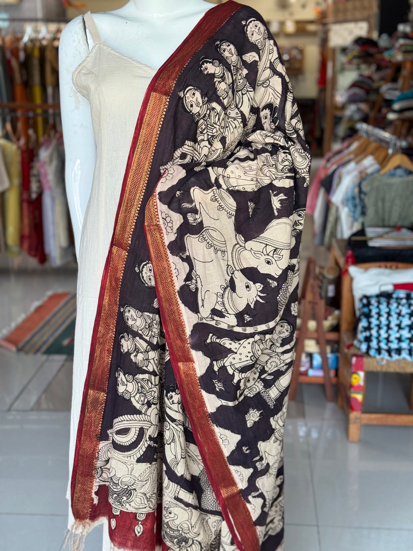 Pen Kalamkari hand painted cotton dupatta