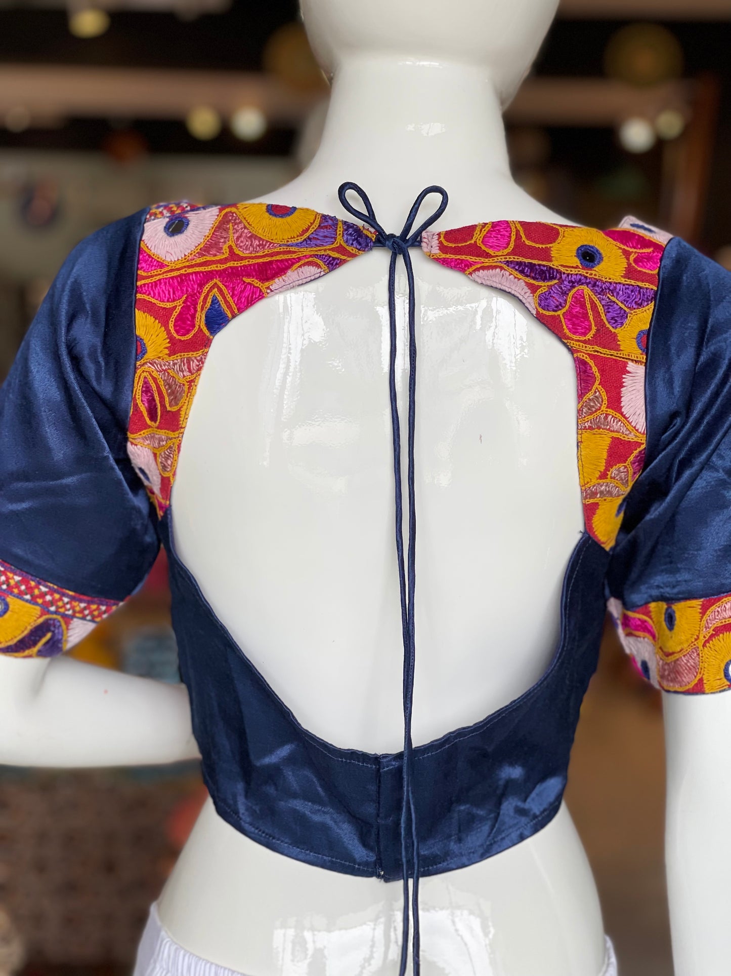 Blue mashru blouse with hand embroidery on front, back and sleeves