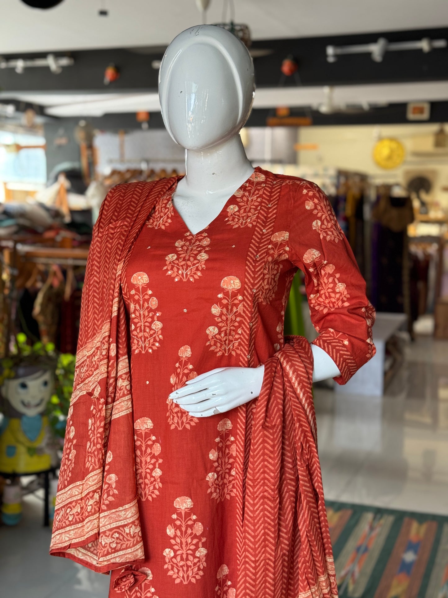 Rust orange cotton a-line kurti, pants and dupatta set - with hand embroidery and hand block print