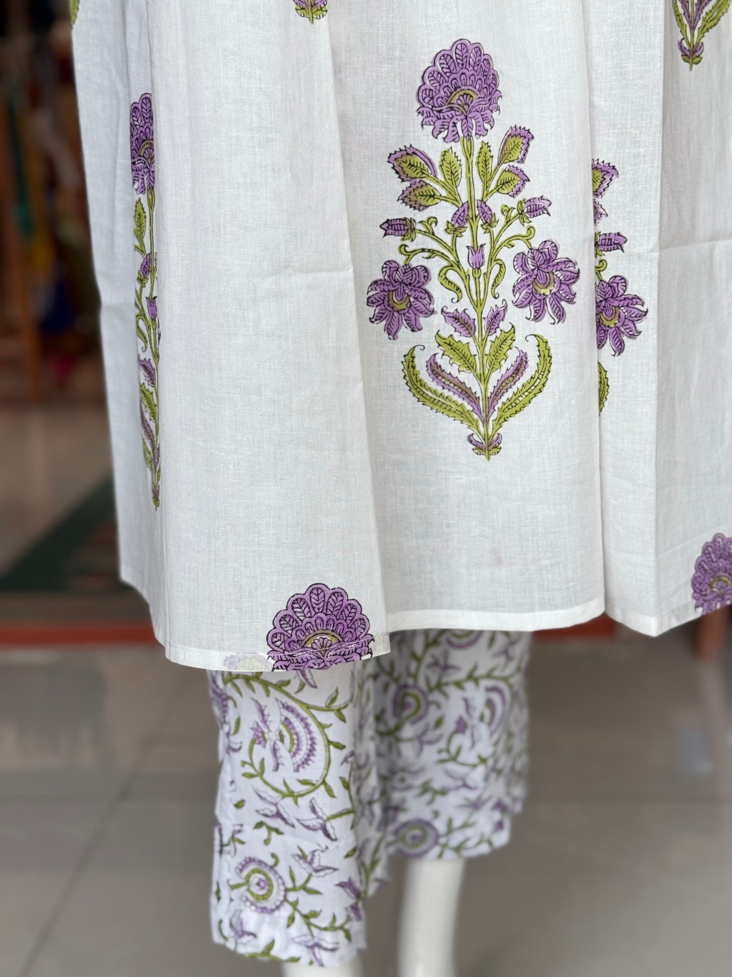 White Mughal hand block printed sleeveless Kurti, pants and kota dupatta - 3 piece set