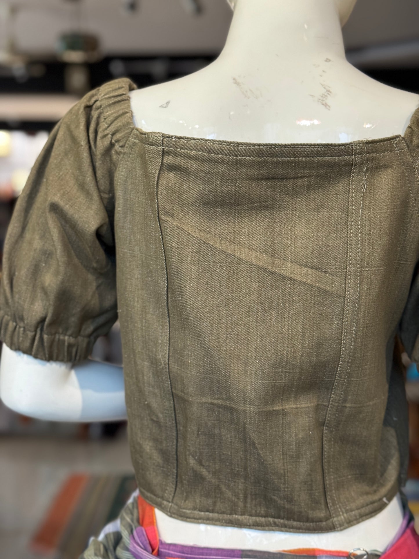 Green denim jacket zipper blouse - hand woven, natural dyed denim with zipper, wear it like a blouse, crop top or a jacket