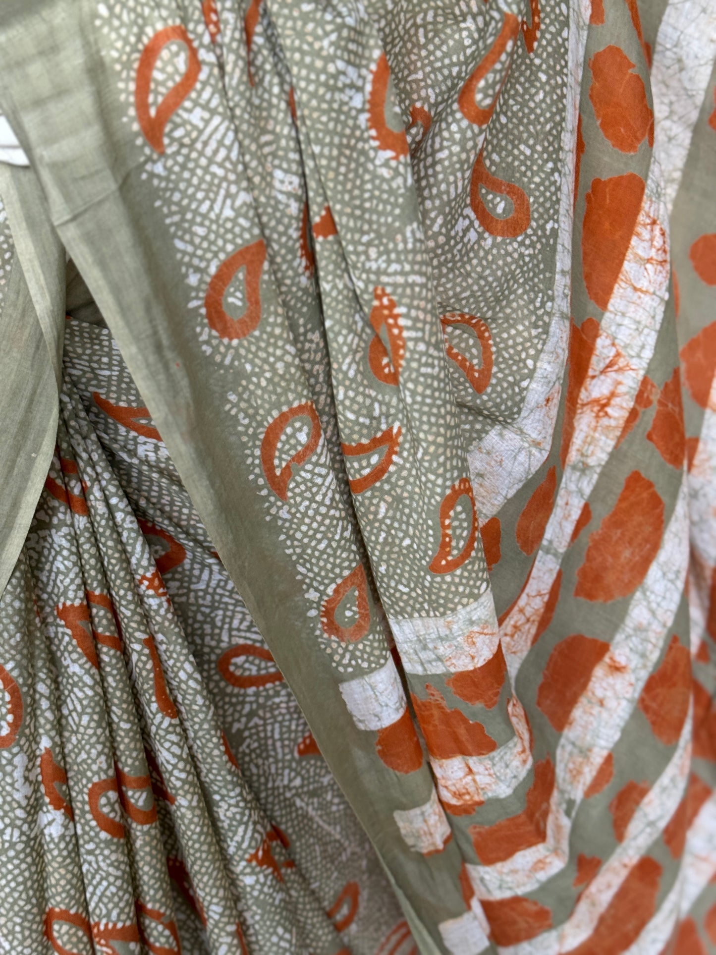Green and orange hand Batik soft cotton saree
