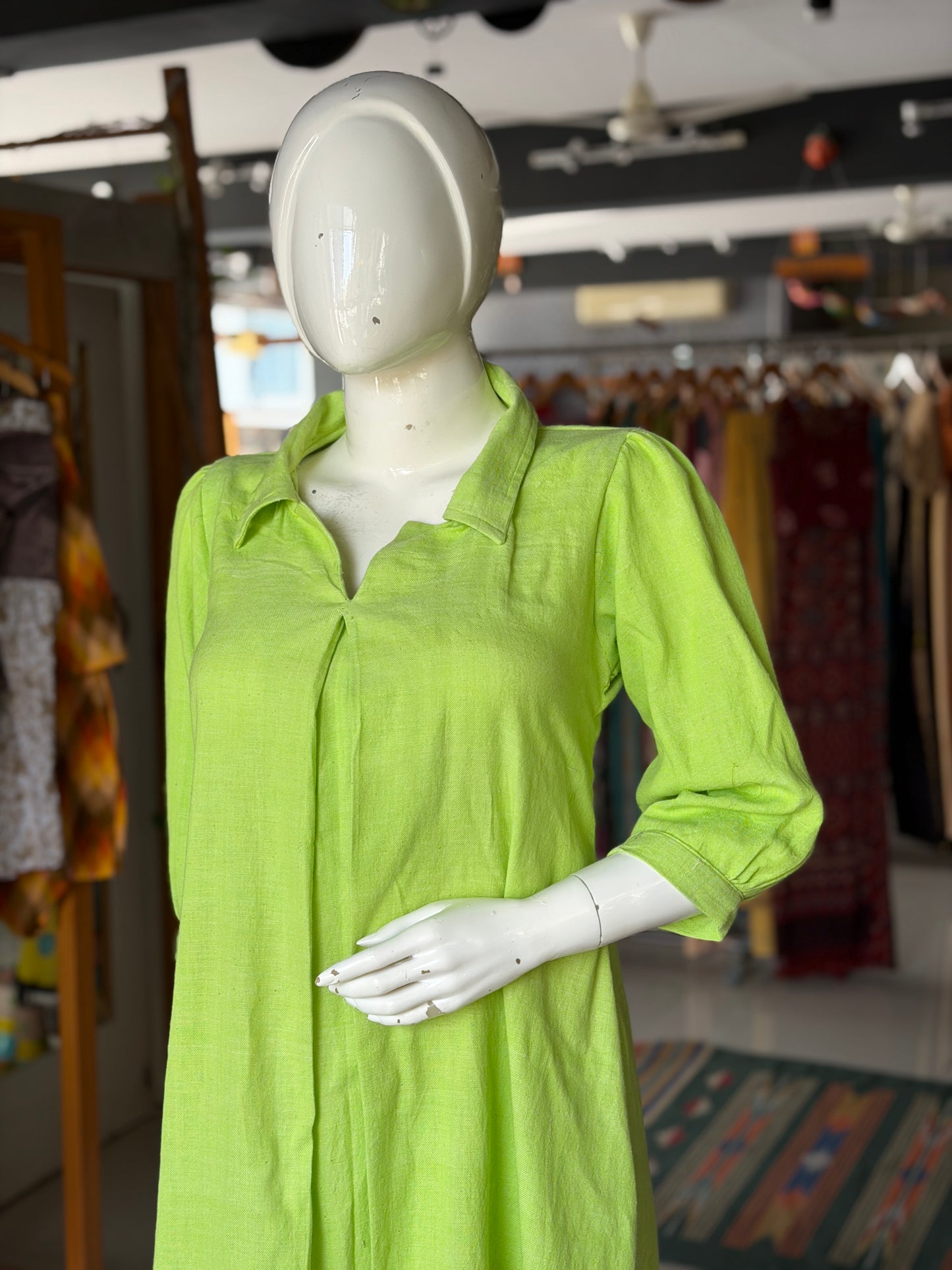 Lime green plain cotton hand spun, hand woven collared dress