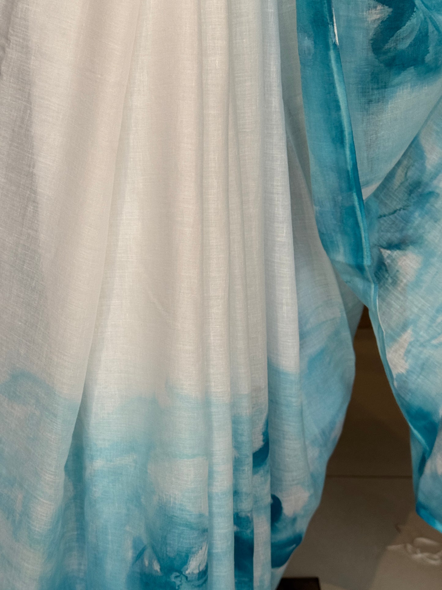 White and blue floral design water colors hand painted soft mul cotton saree