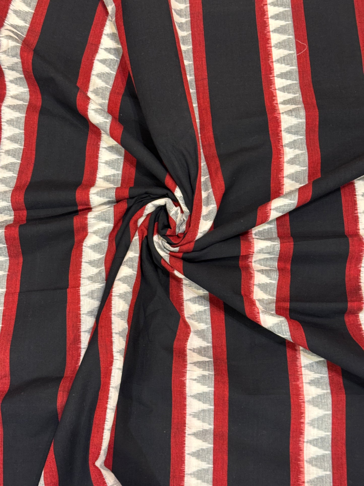 Temple stripes cotton handloom ikat fabric - black, white and maroon