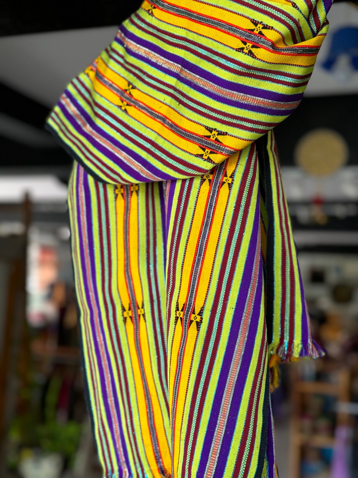 Bright yellow green violet stripes hand woven thick cotton stole from Arunachal Pradesh