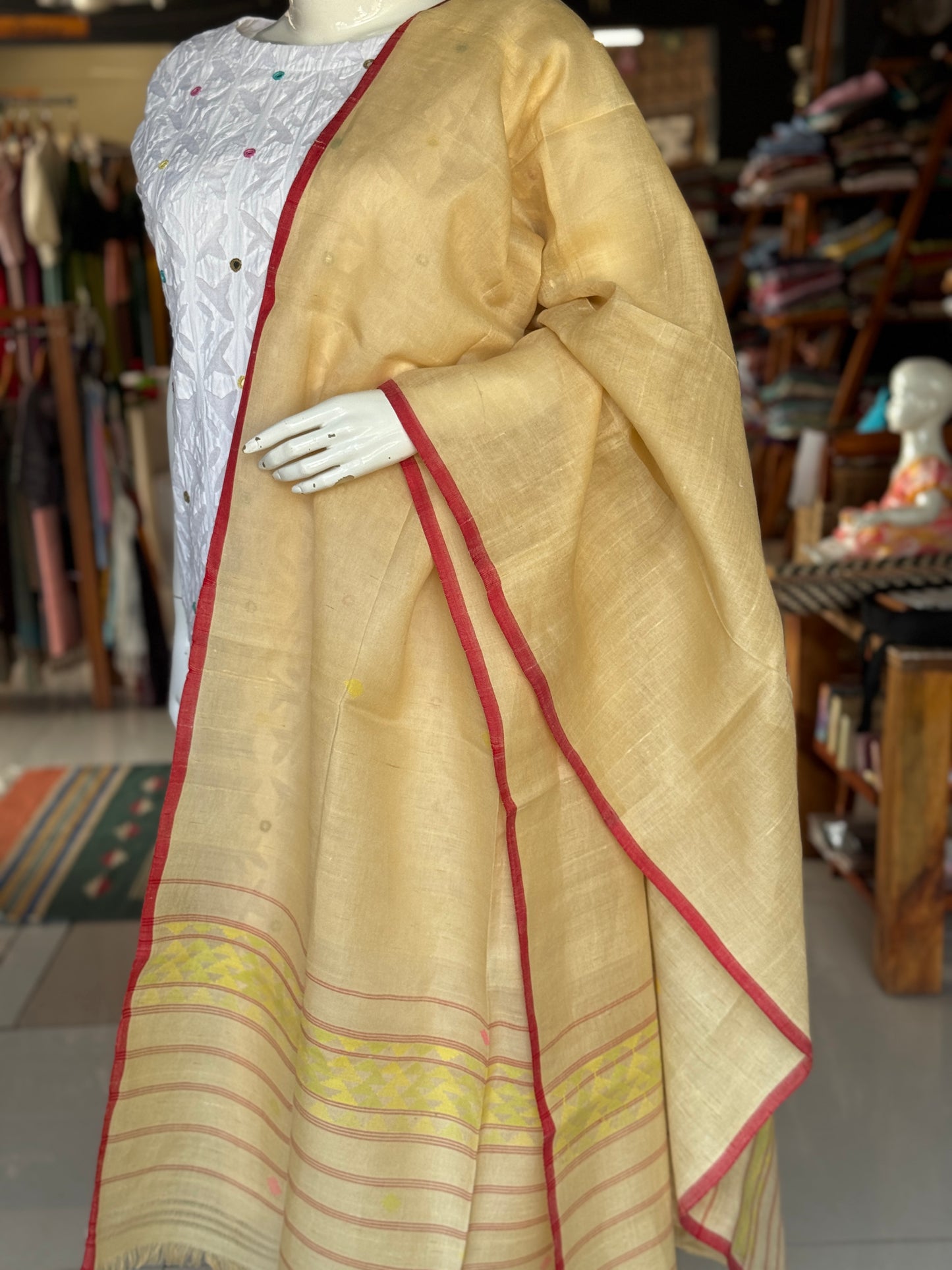 Beige Dhakai silk cotton Manipuri handloom dupatta