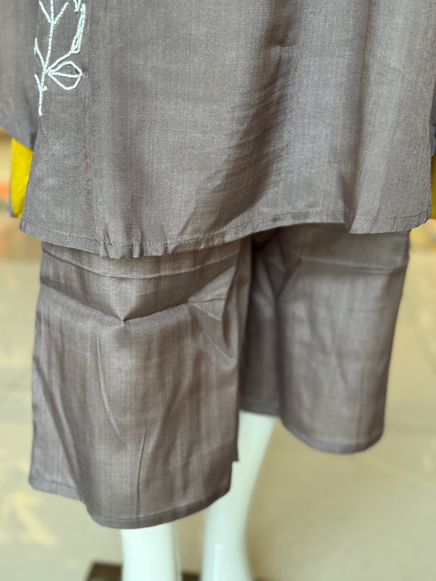 Purplish grey Co-ord set in hand embroidered muslin - kurti, pants set