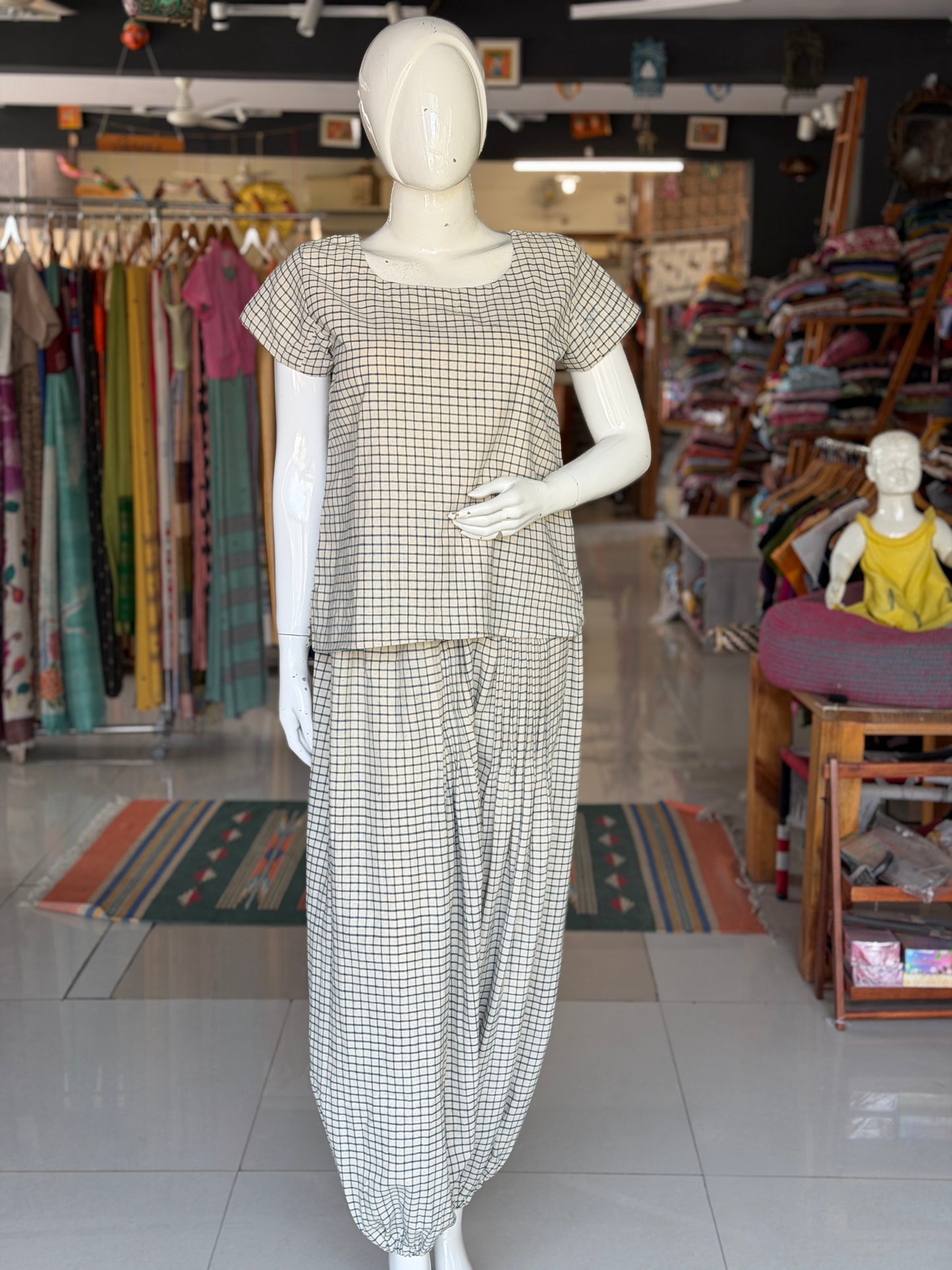 Off white and blue checks Hand spun, Handwoven, natural yarn dyed cotton top