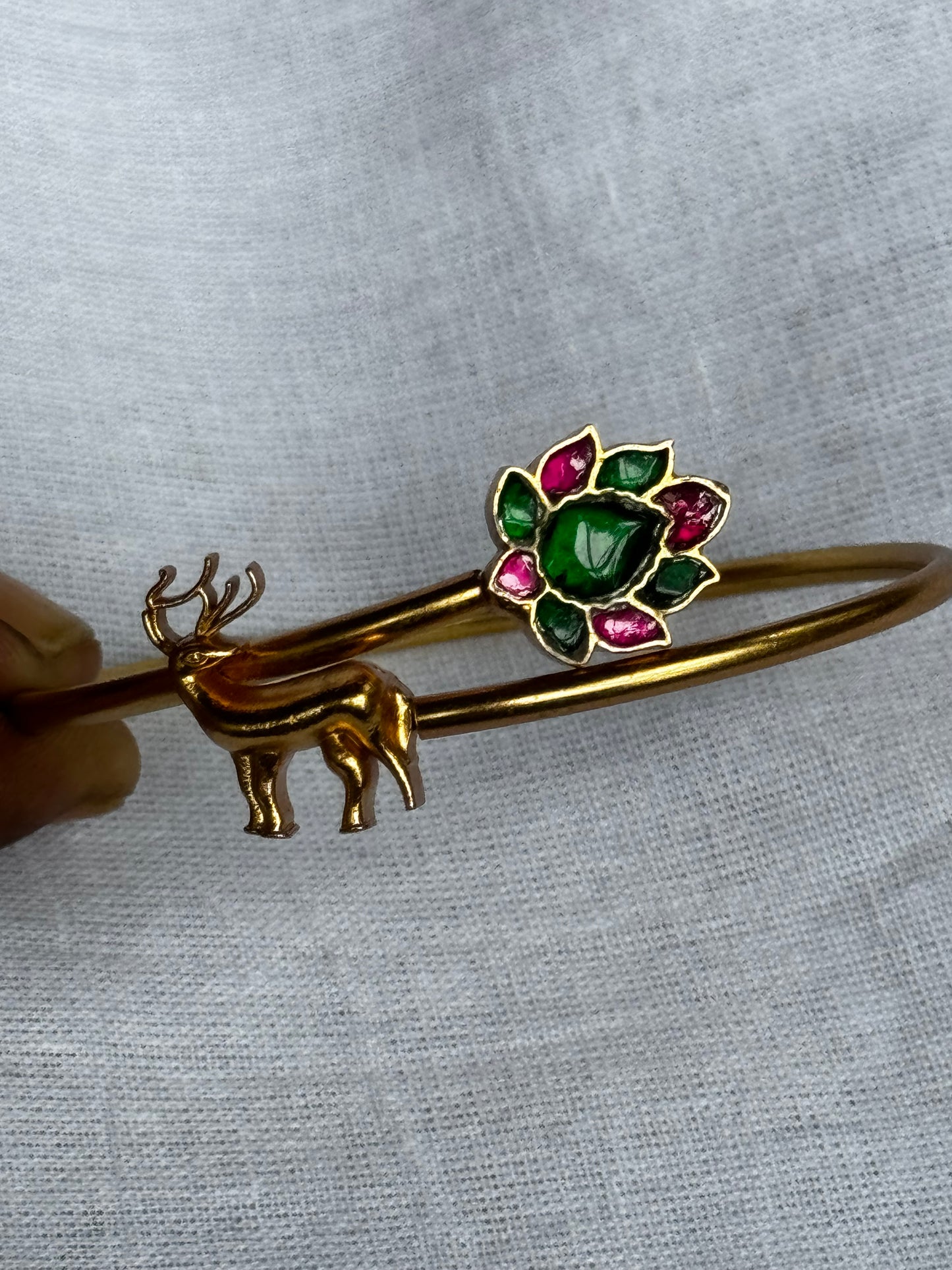 Deer with multi colored flower design sterling 92.5 silver adjustable size bracelet in gold polish