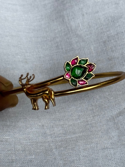 Deer with multi colored flower design sterling 92.5 silver adjustable size bracelet in gold polish
