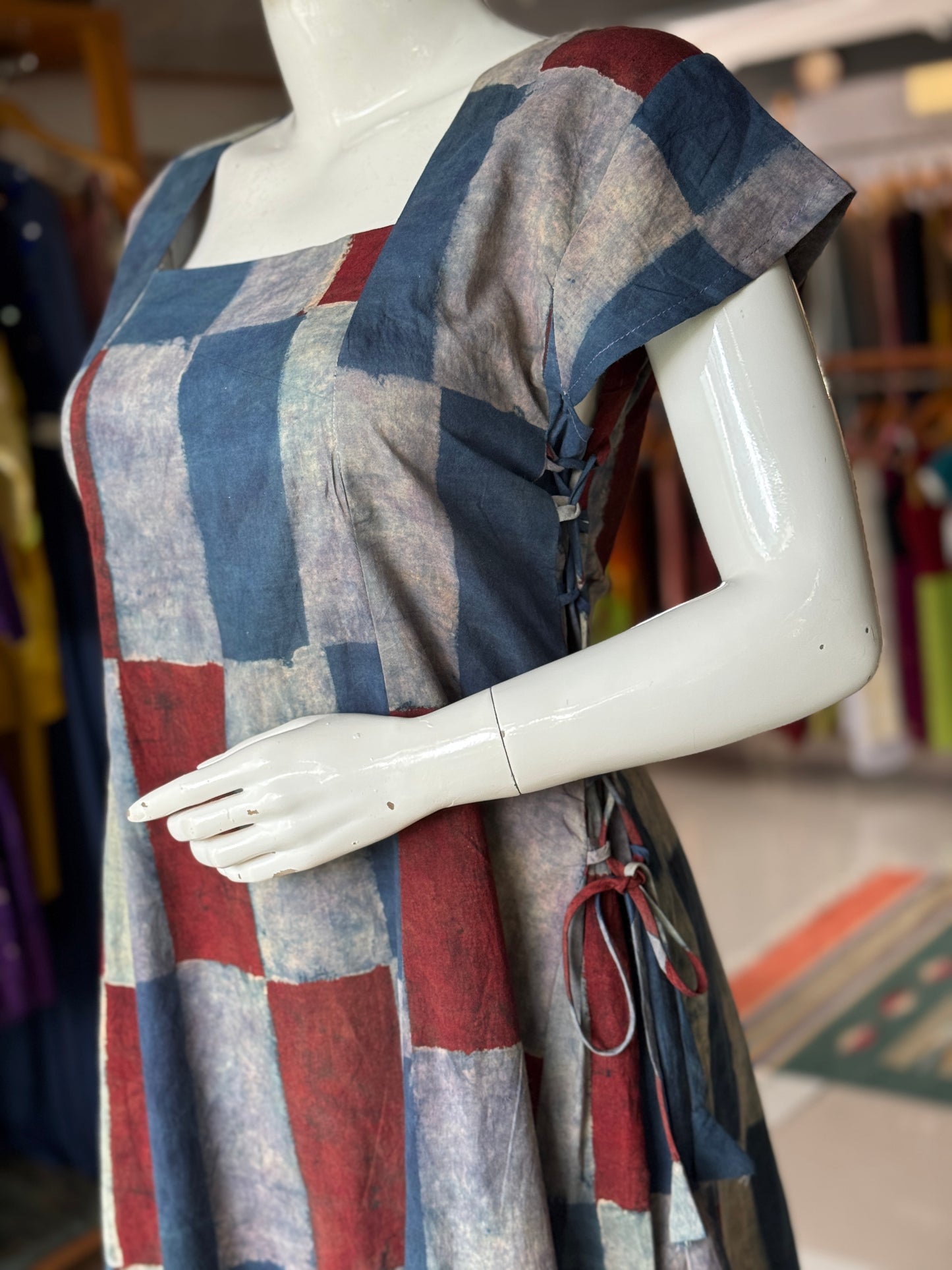 Ajrakh rectangles print side ties dress - cotton, natural dyed, hand block printed