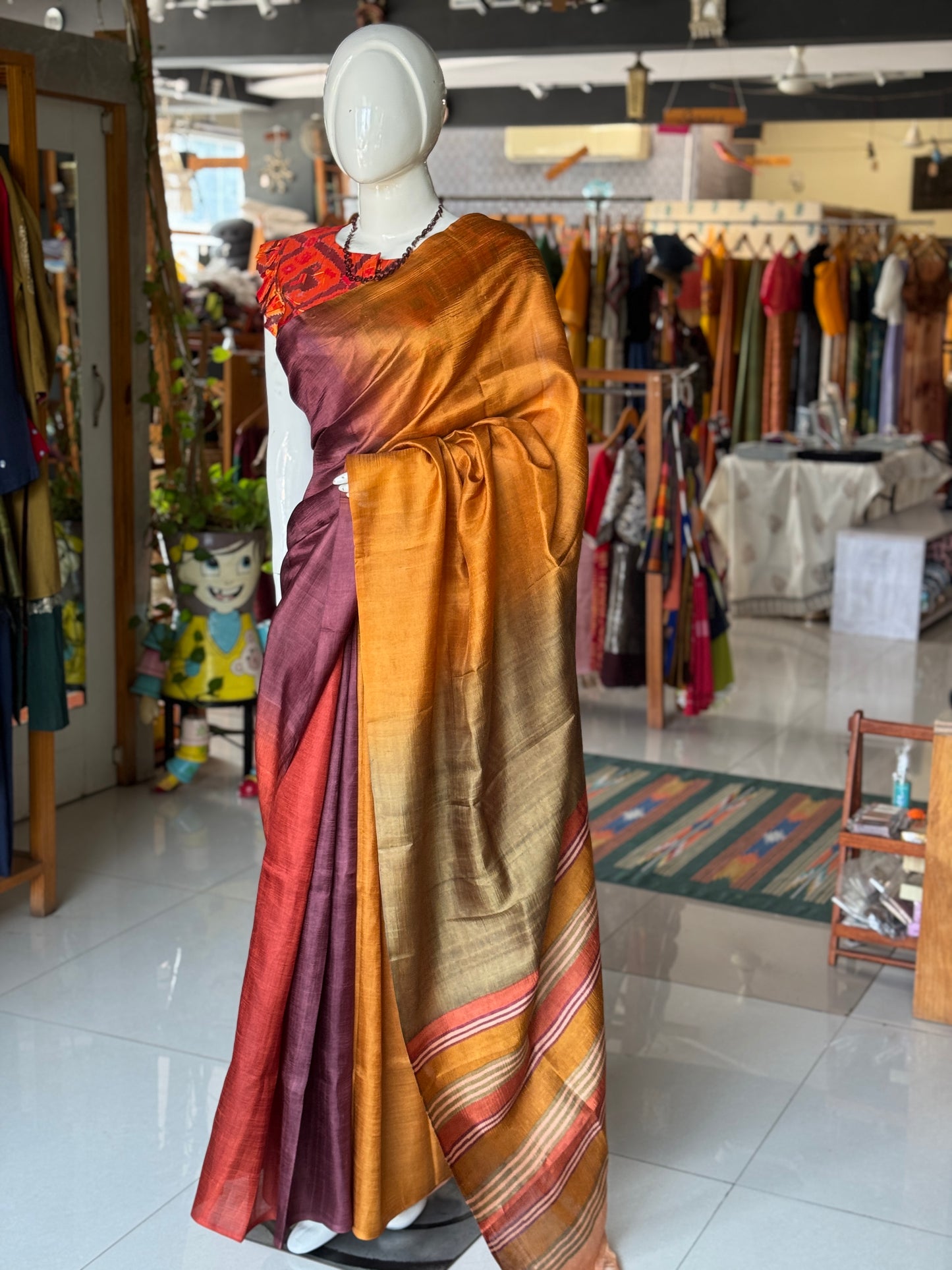 Mustard, green, purple color block pure soft silk saree