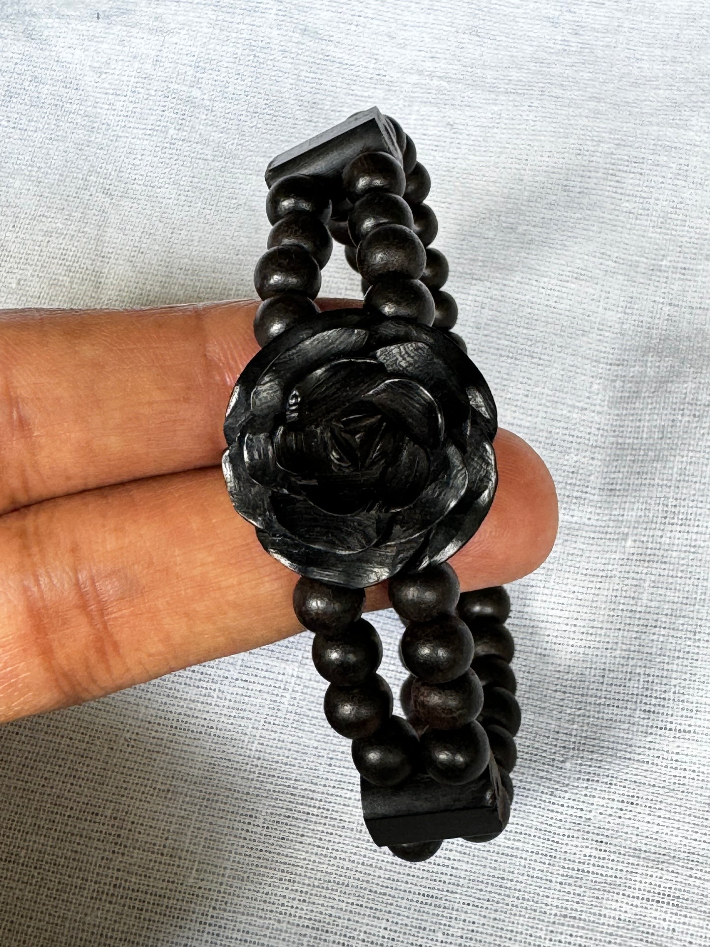 Black ebony wood 2 layers beads bracelet with carved flower center - free size, with elastic