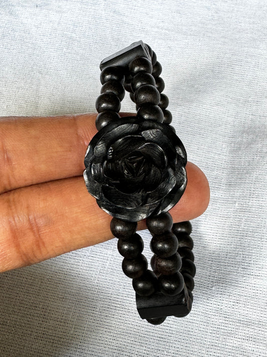 Black ebony wood 2 layers beads bracelet with carved flower center - free size, with elastic