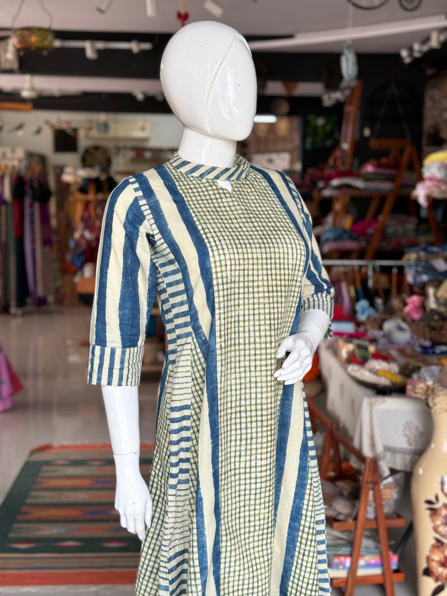 Blue green stripes and checks hand block printed designer cotton dress with band collar