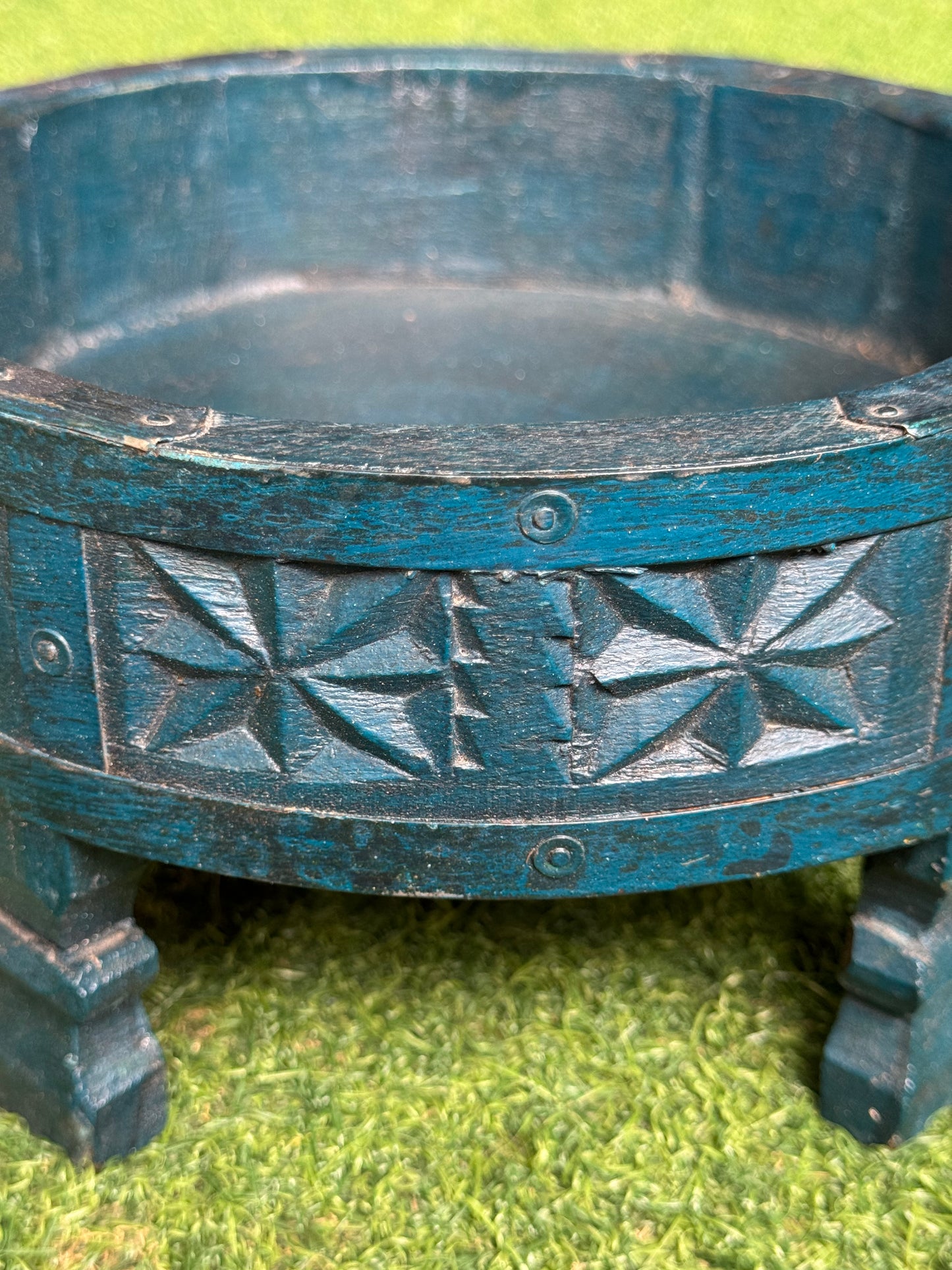 Dark turquoise wooden distress finish round planter /  organizer / riser